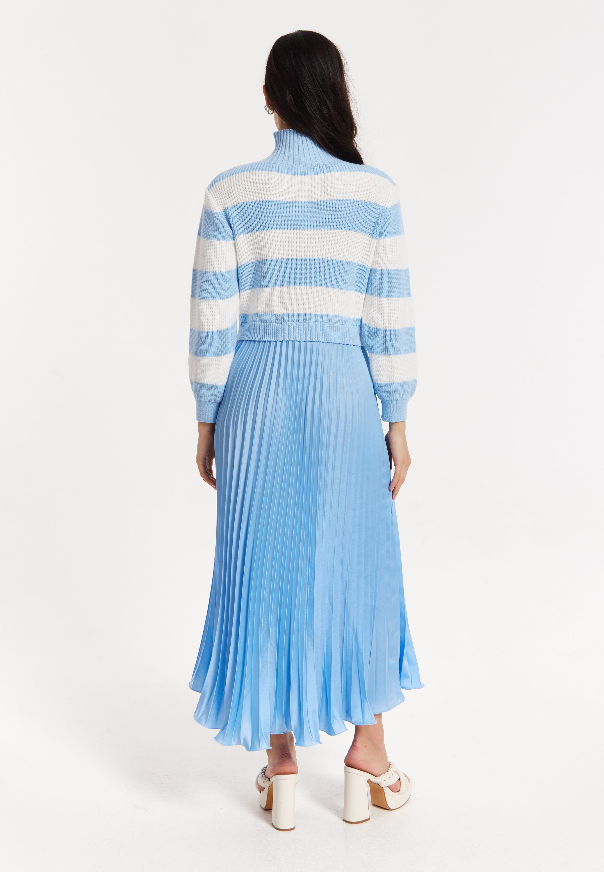Blue Stripe Turtleneck Pleated Maxi Dress