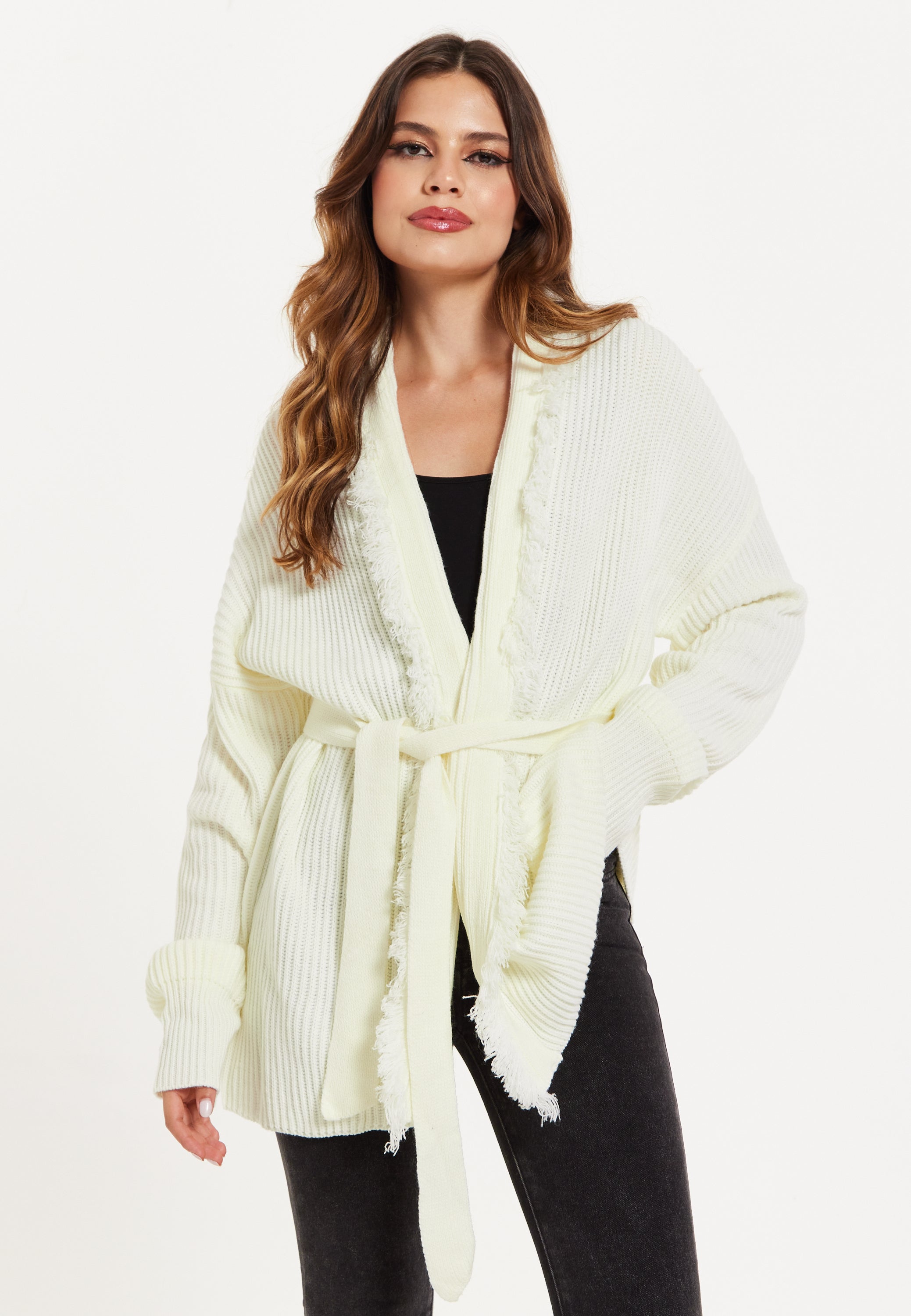 Women's Cream Open Front Cardigan with Fringe Details and Long Sleeves, Matching Belt - Liquorish