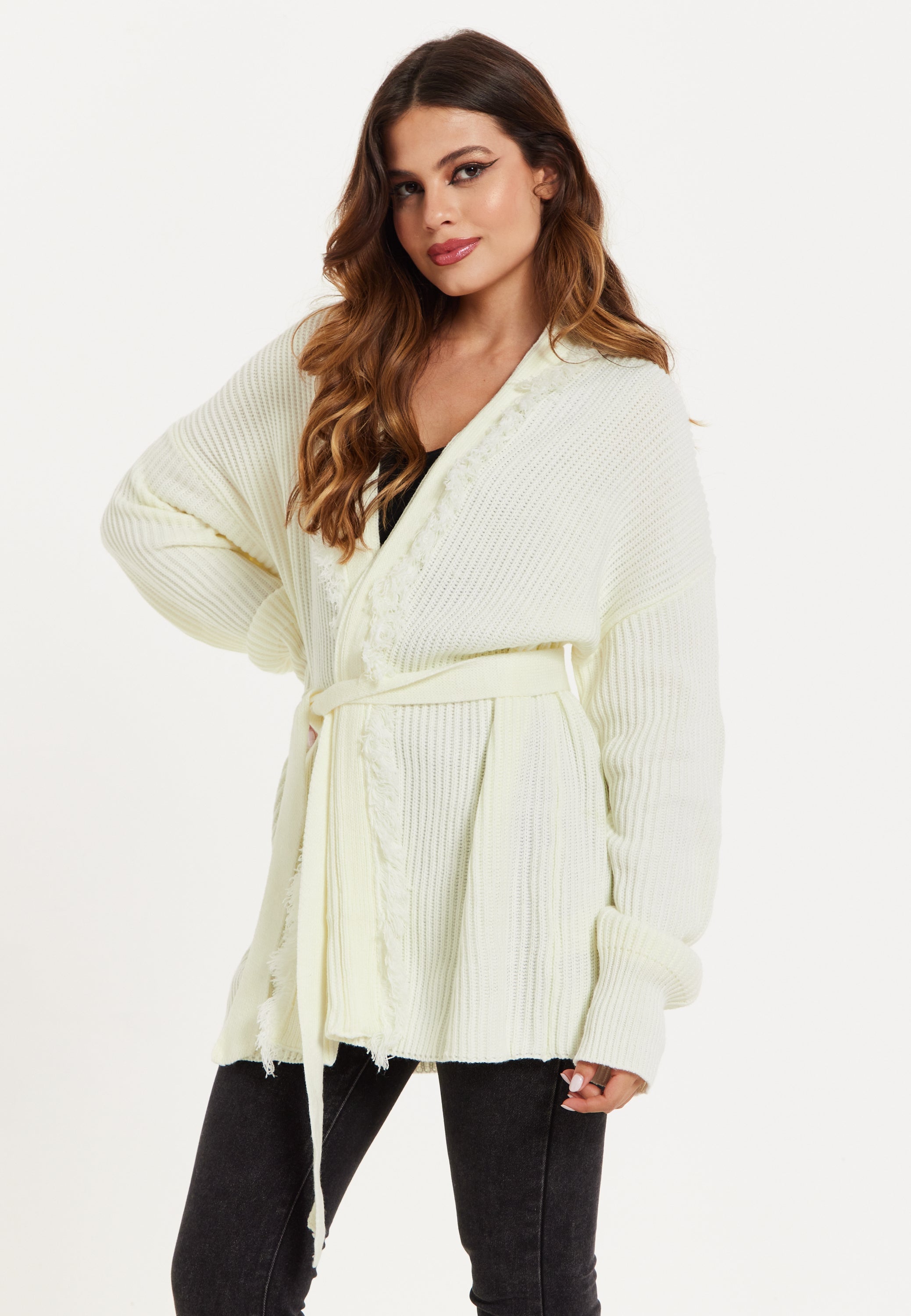 Women's Cream Open Front Cardigan with Fringe Details and Long Sleeves, Matching Belt - Liquorish