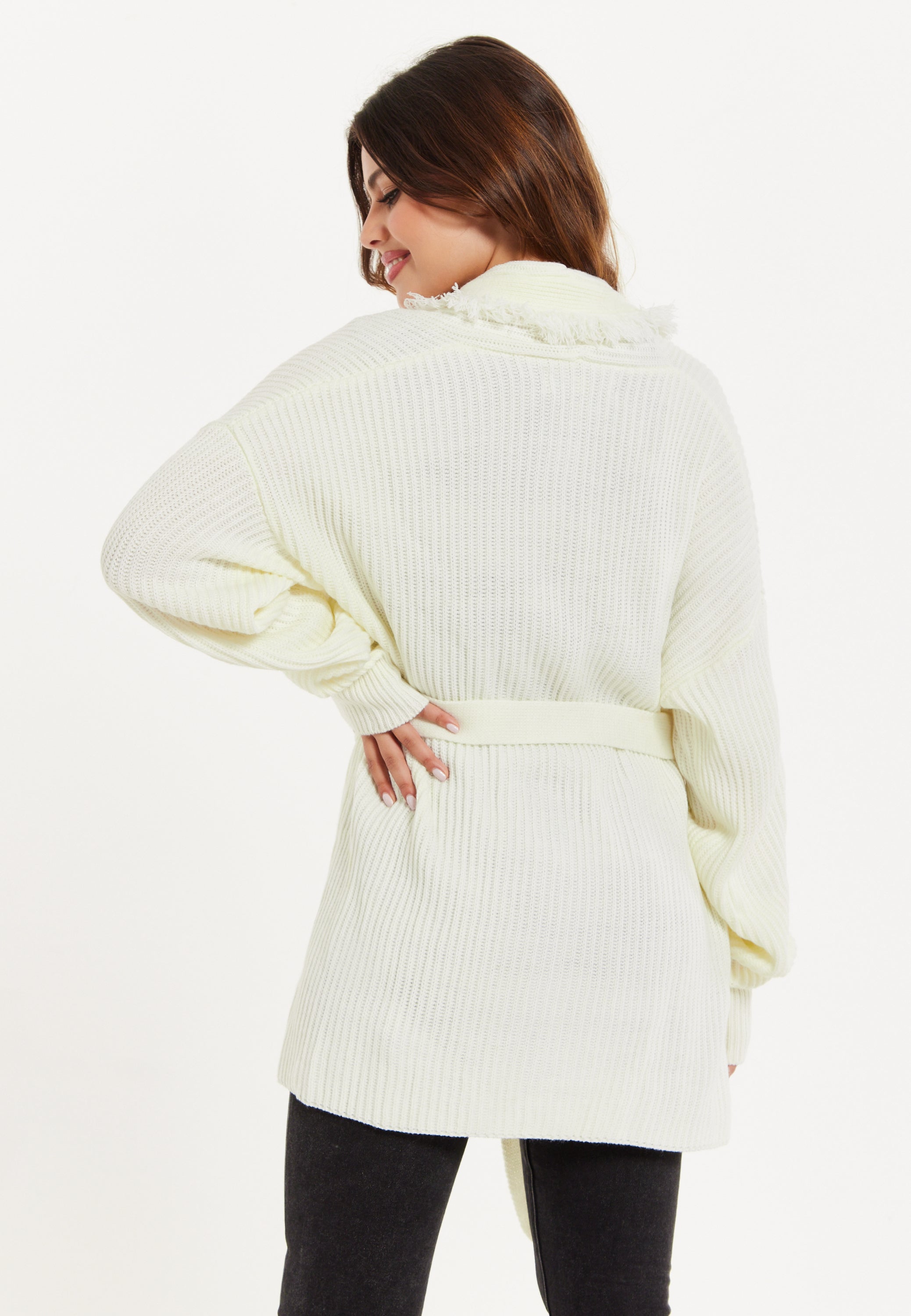 Women's Cream Open Front Cardigan with Fringe Details and Long Sleeves, Matching Belt - Liquorish