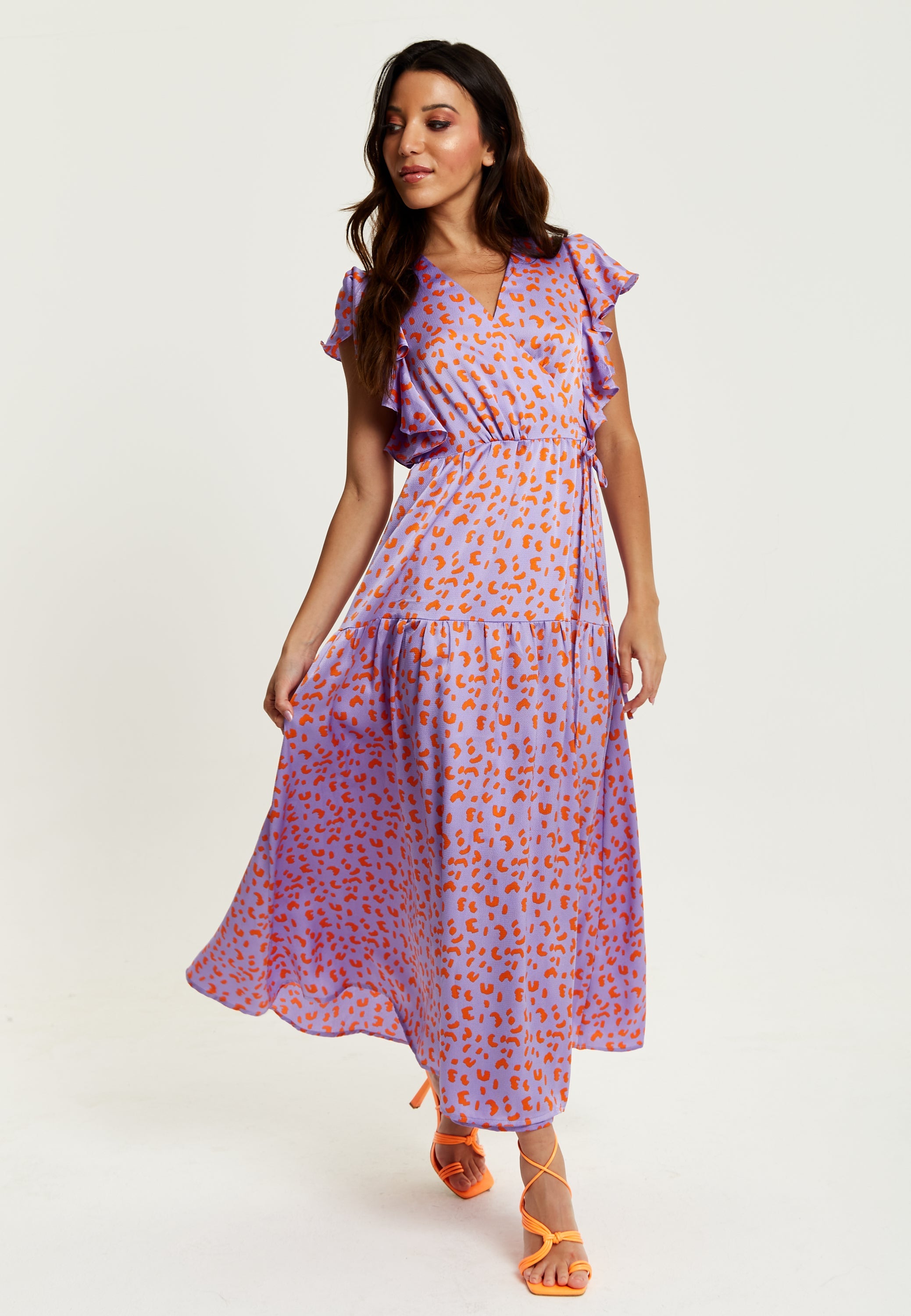 Women's Maxi Dress in Lilac and Orange with Flouncy Sleeves, Cheetah Print Wrap Style by Liquorish