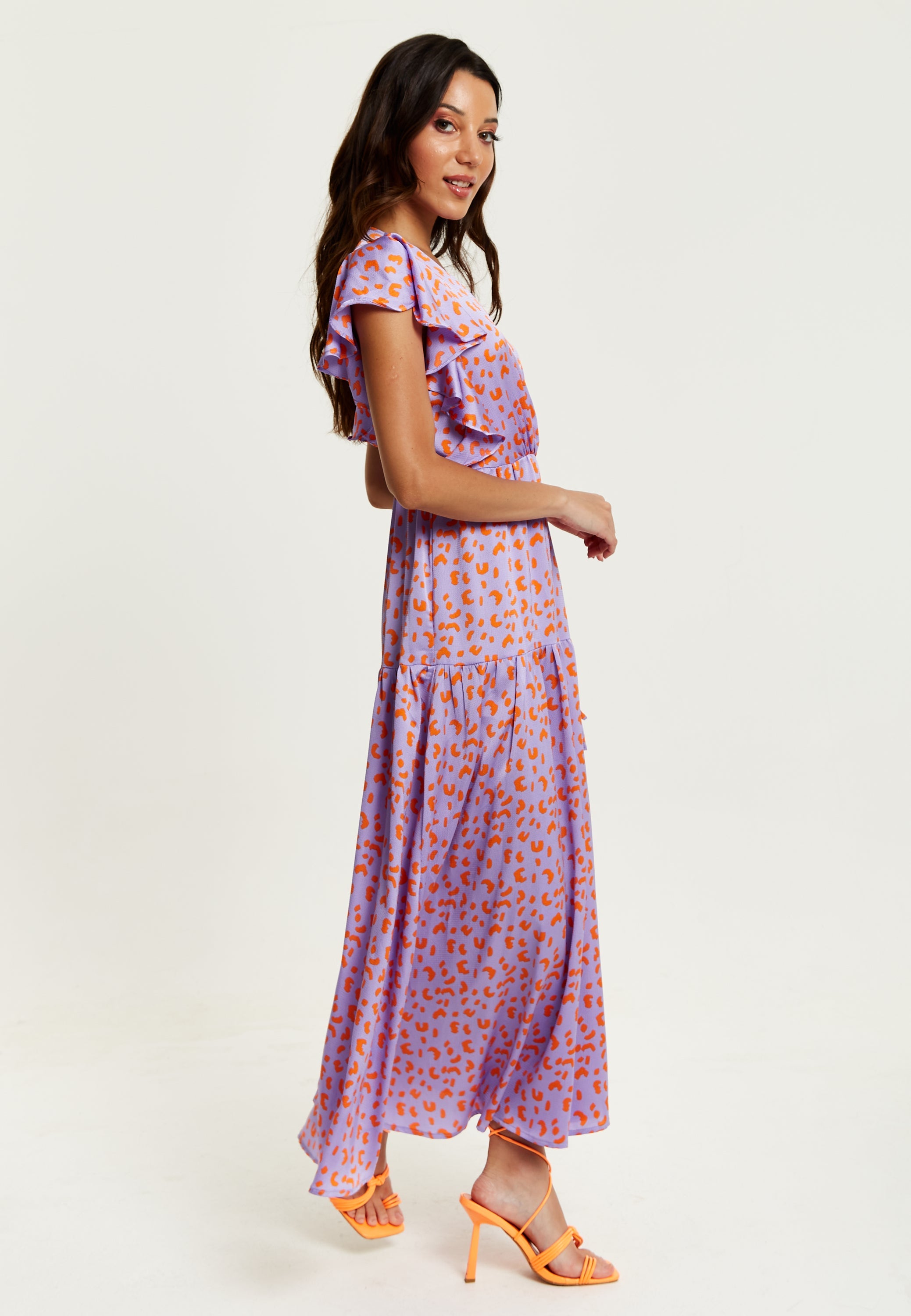 Women's Maxi Dress in Lilac and Orange with Flouncy Sleeves, Cheetah Print Wrap Style by Liquorish