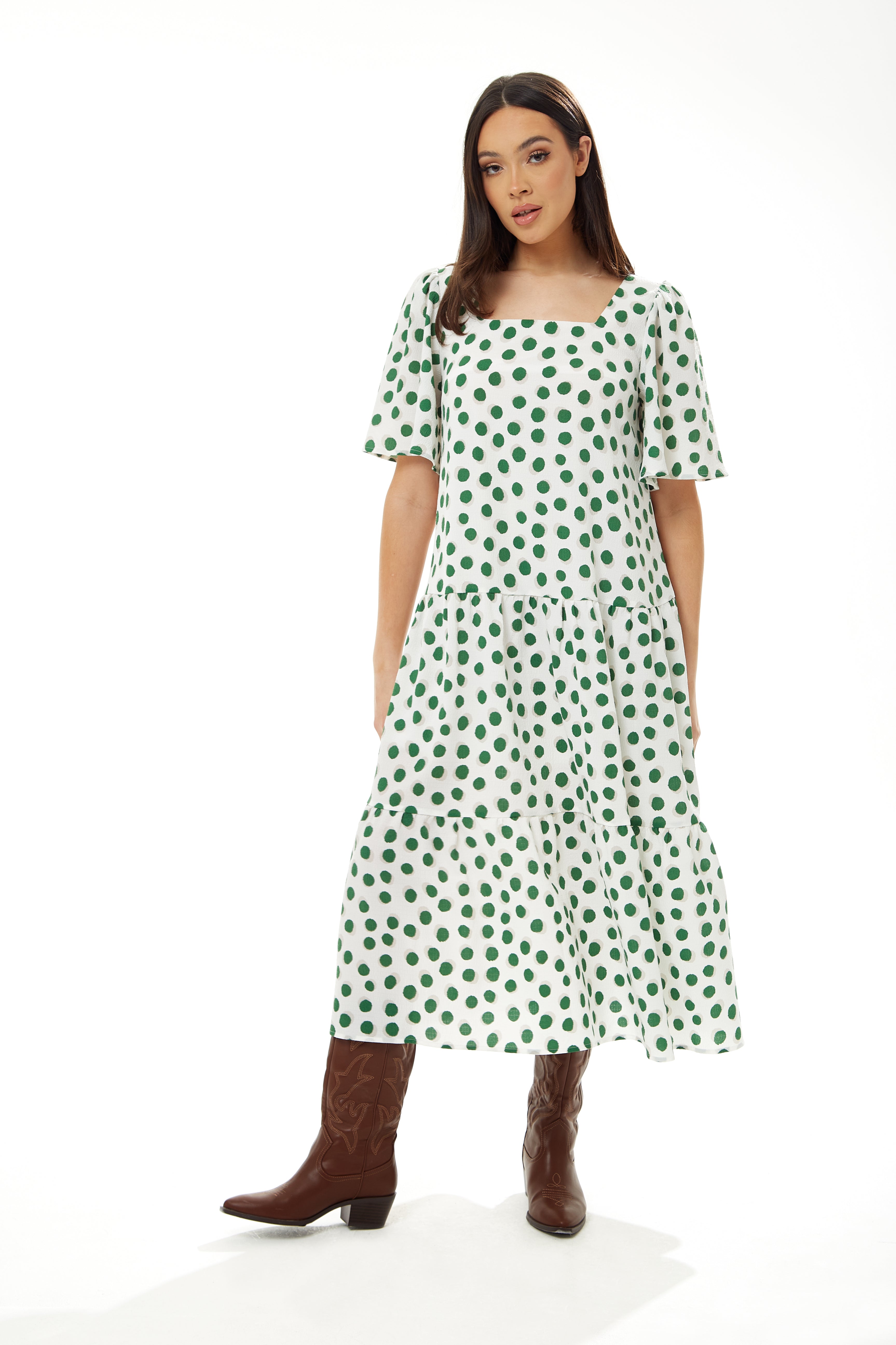 Women's Midi Dress in Green Polka Dot with Short Sleeves - Regular Fit by Liquorish