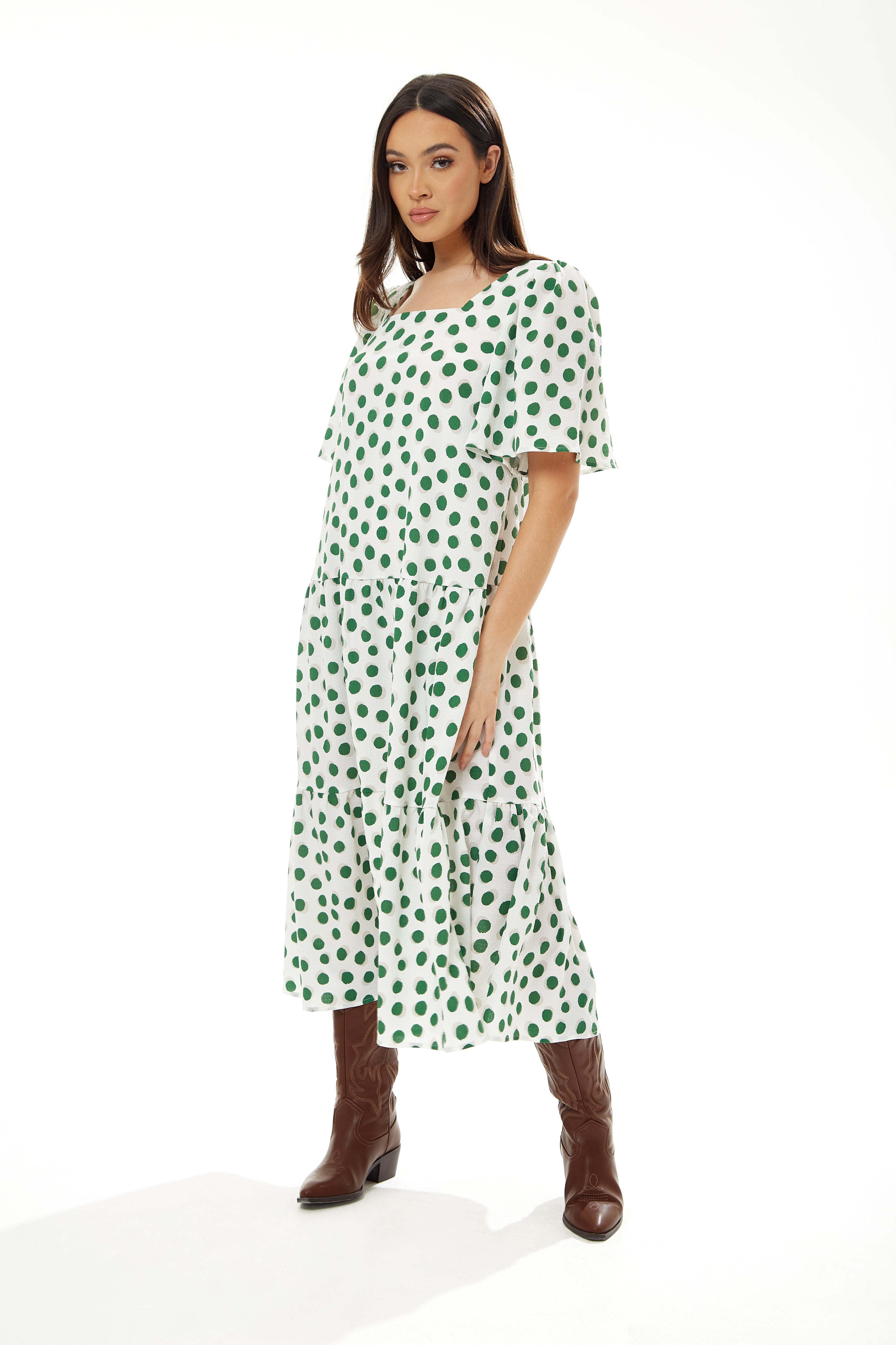 Women's Midi Dress in Green Polka Dot with Short Sleeves - Regular Fit by Liquorish