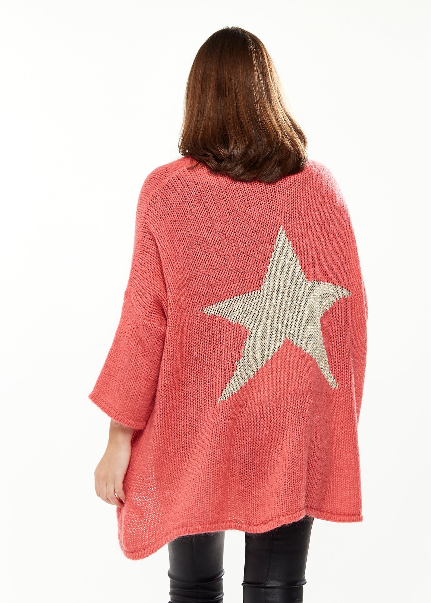 Women's Cardigan in Coral & Cream with Long Sleeves, Star Detail Back, Cozy Knit - Liquorish