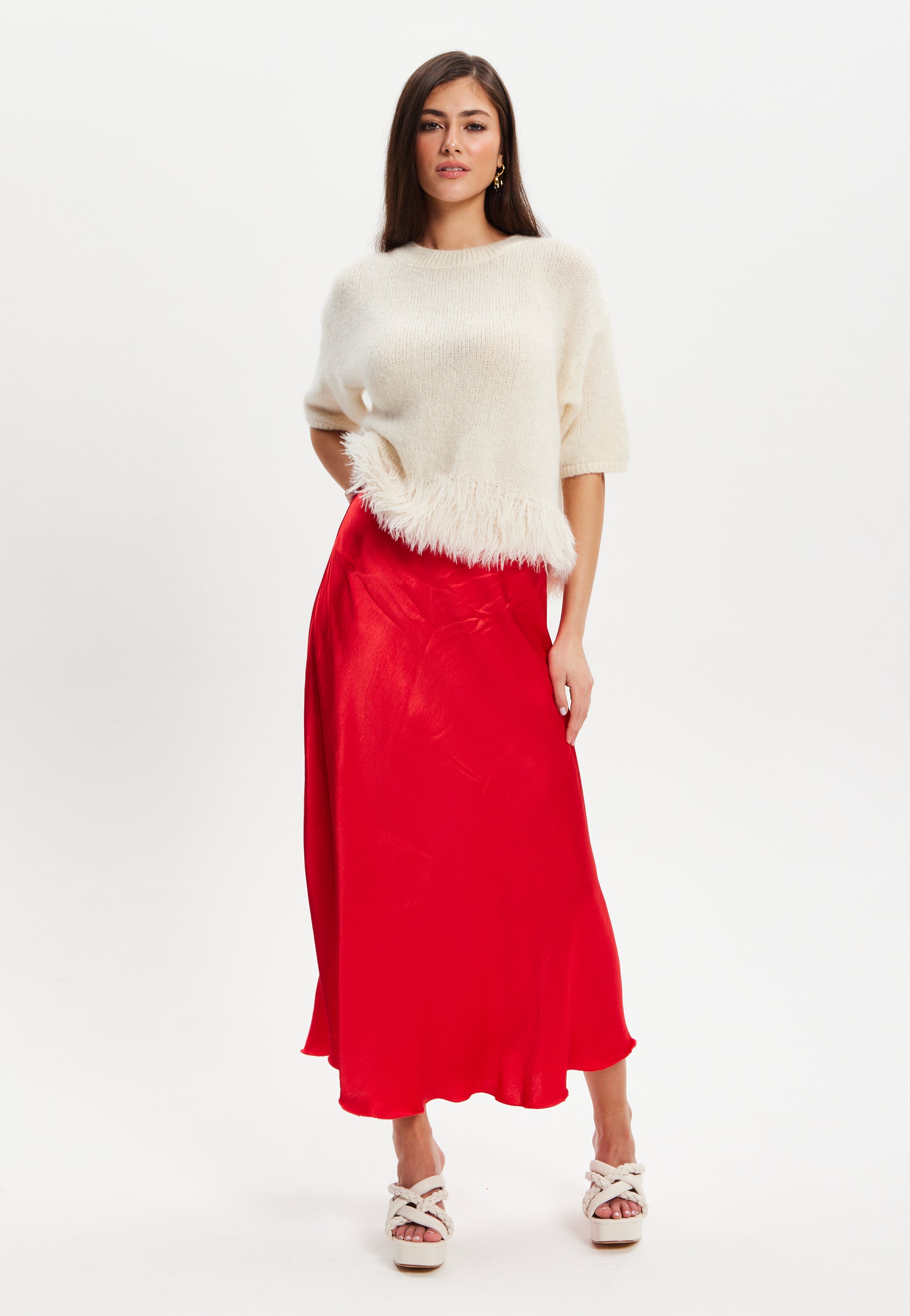 Women's Midi Length Red Satin Bias Cut Skirt with Elasticated Waist – Regular Fit, 100% Viscose, Liquorish