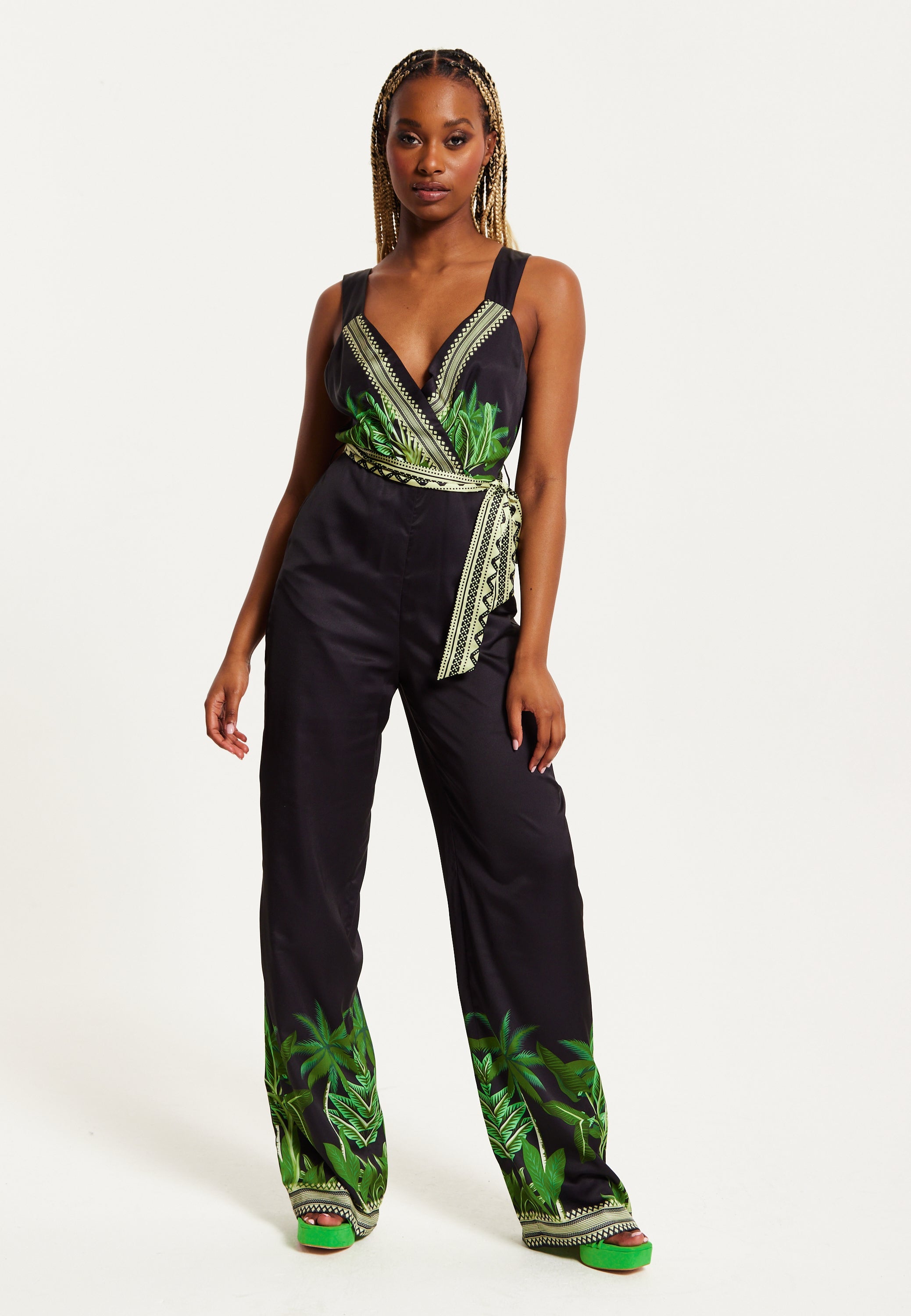 Women's V-neck Wide Leg Jumpsuit with Tie Waist in Leaf Print - Regular Fit, 100% Polyester - Liquorish