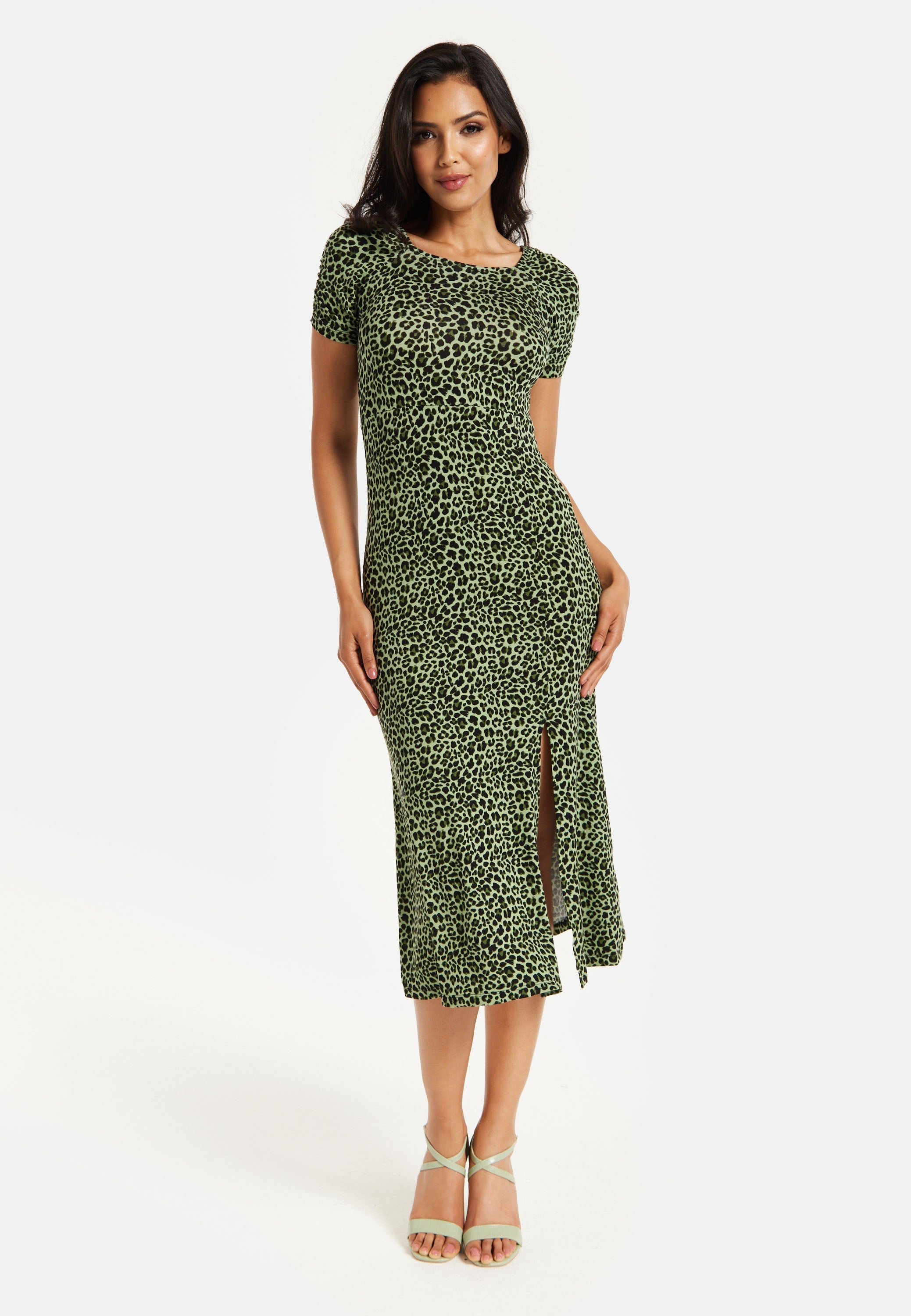 Women's Midi Dress in Khaki Animal Print with Short Sleeves and Front Slit - Liquorish