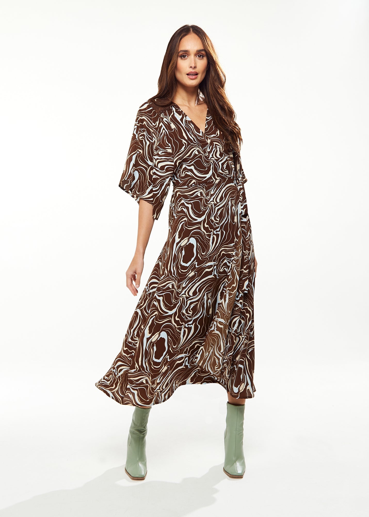 Women's Maxi Dress with Kimono Sleeves in Brown - Scribble Print Wrap Style by Liquorish