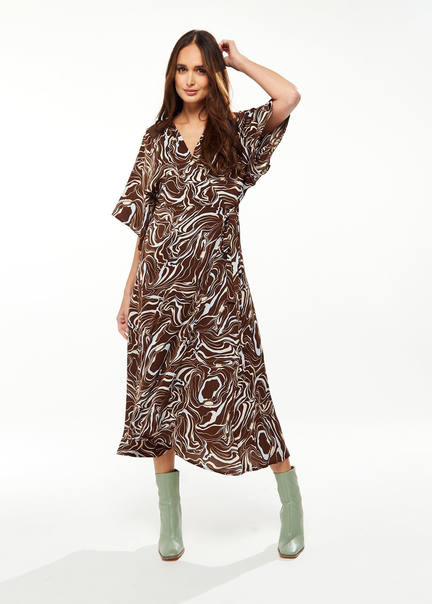 Women's Maxi Dress with Kimono Sleeves in Brown - Scribble Print Wrap Style by Liquorish