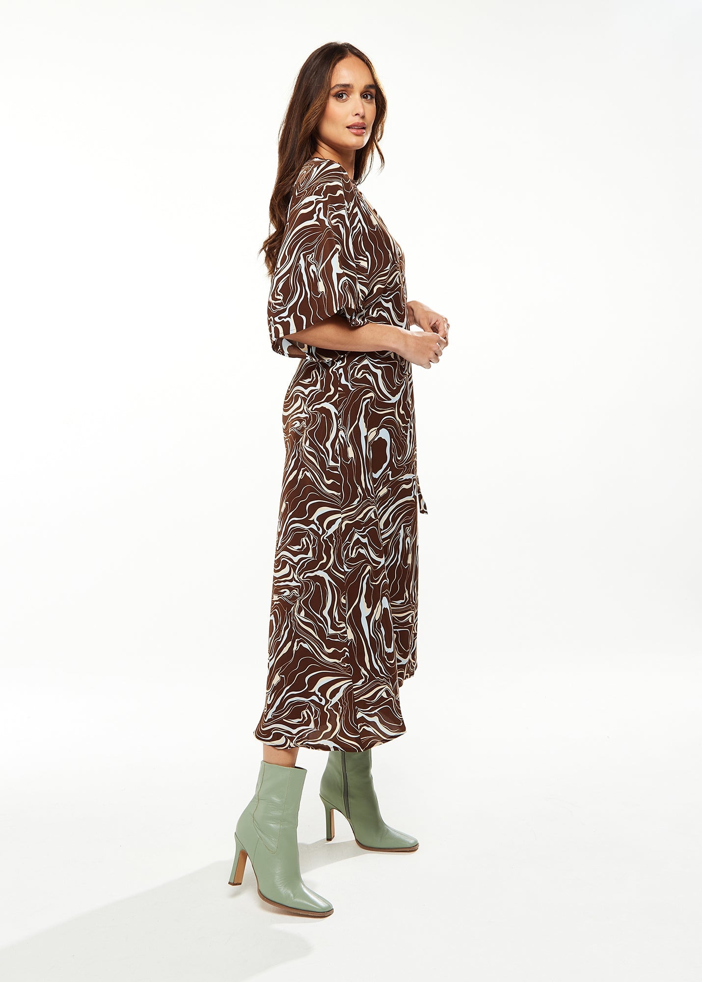 Women's Maxi Dress with Kimono Sleeves in Brown - Scribble Print Wrap Style by Liquorish