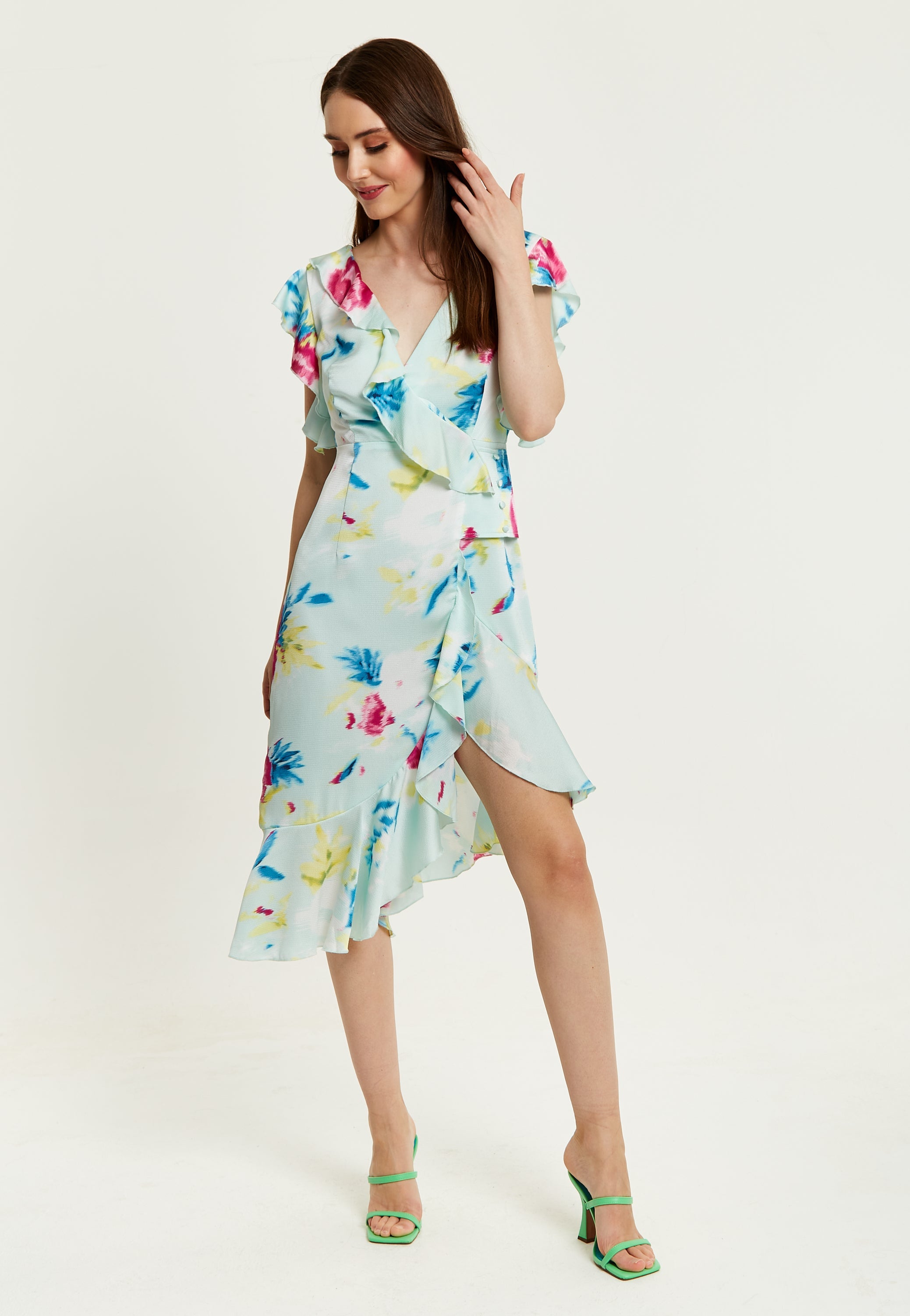 Women's Midi Wrap Dress with Flouncy Sleeves in Mint Green - Elegant Floral Design for Every Occasion by Liquorish