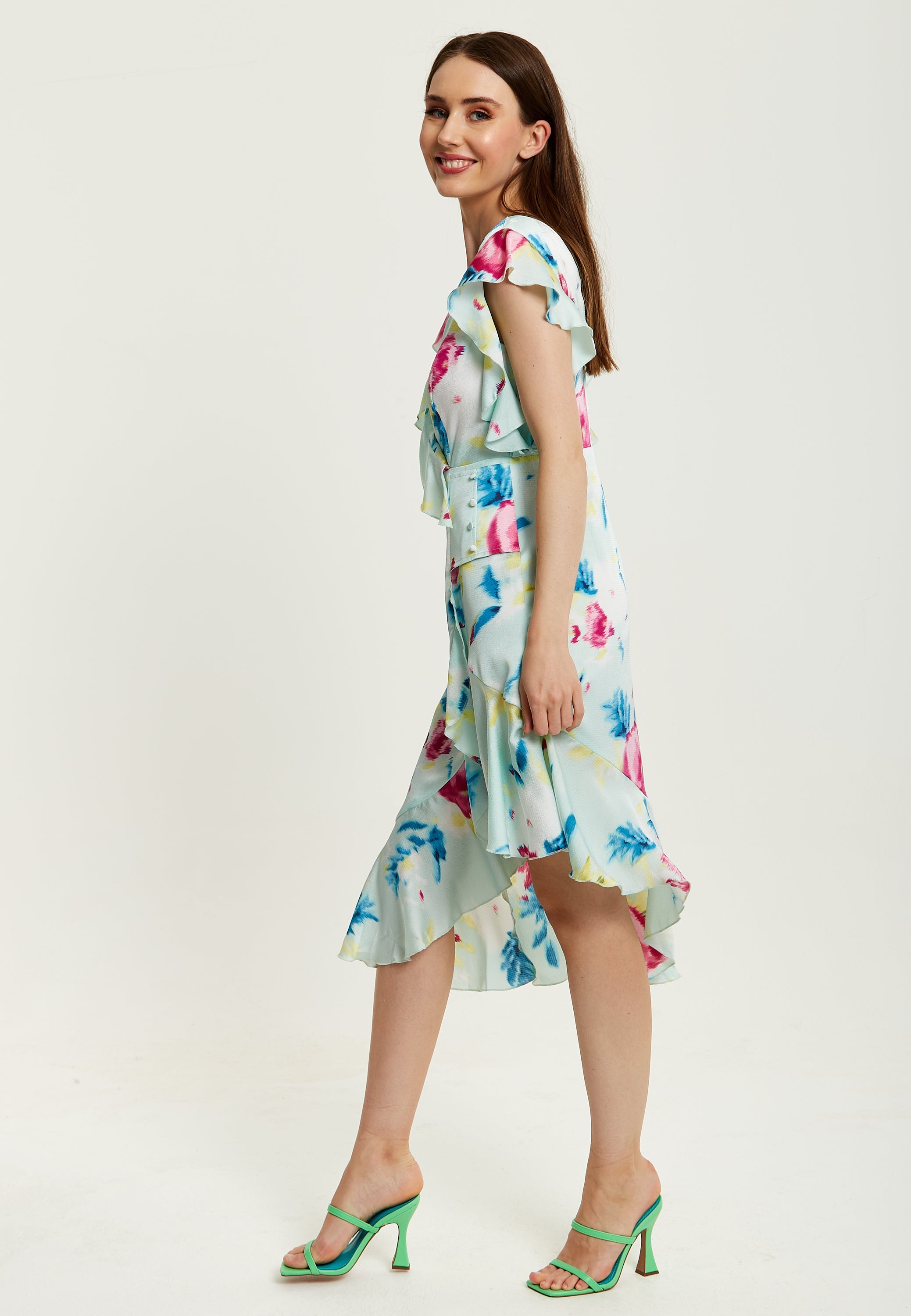 Women's Midi Wrap Dress with Flouncy Sleeves in Mint Green - Elegant Floral Design for Every Occasion by Liquorish