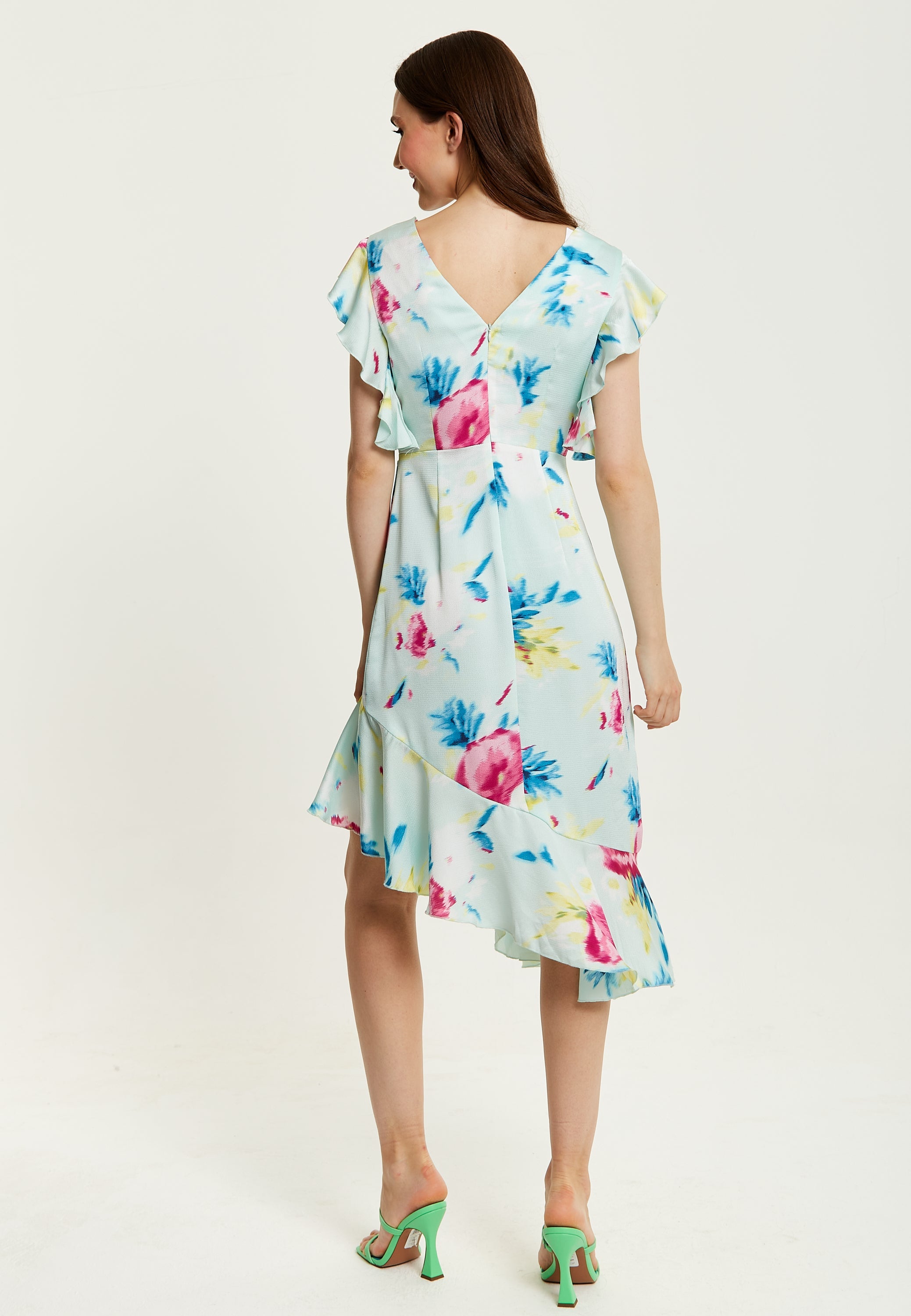 Women's Midi Wrap Dress with Flouncy Sleeves in Mint Green - Elegant Floral Design for Every Occasion by Liquorish