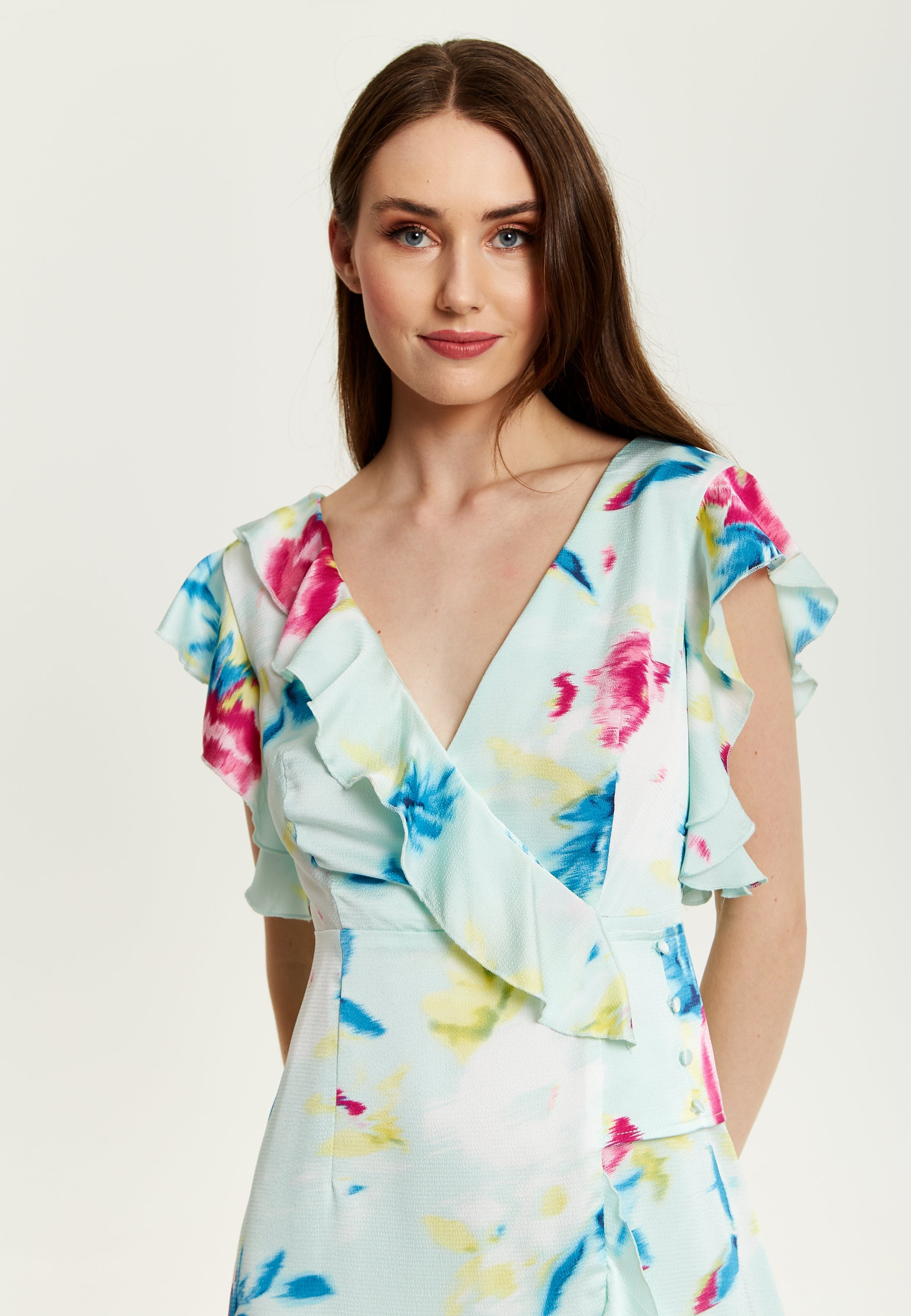 Women's Midi Wrap Dress with Flouncy Sleeves in Mint Green - Elegant Floral Design for Every Occasion by Liquorish