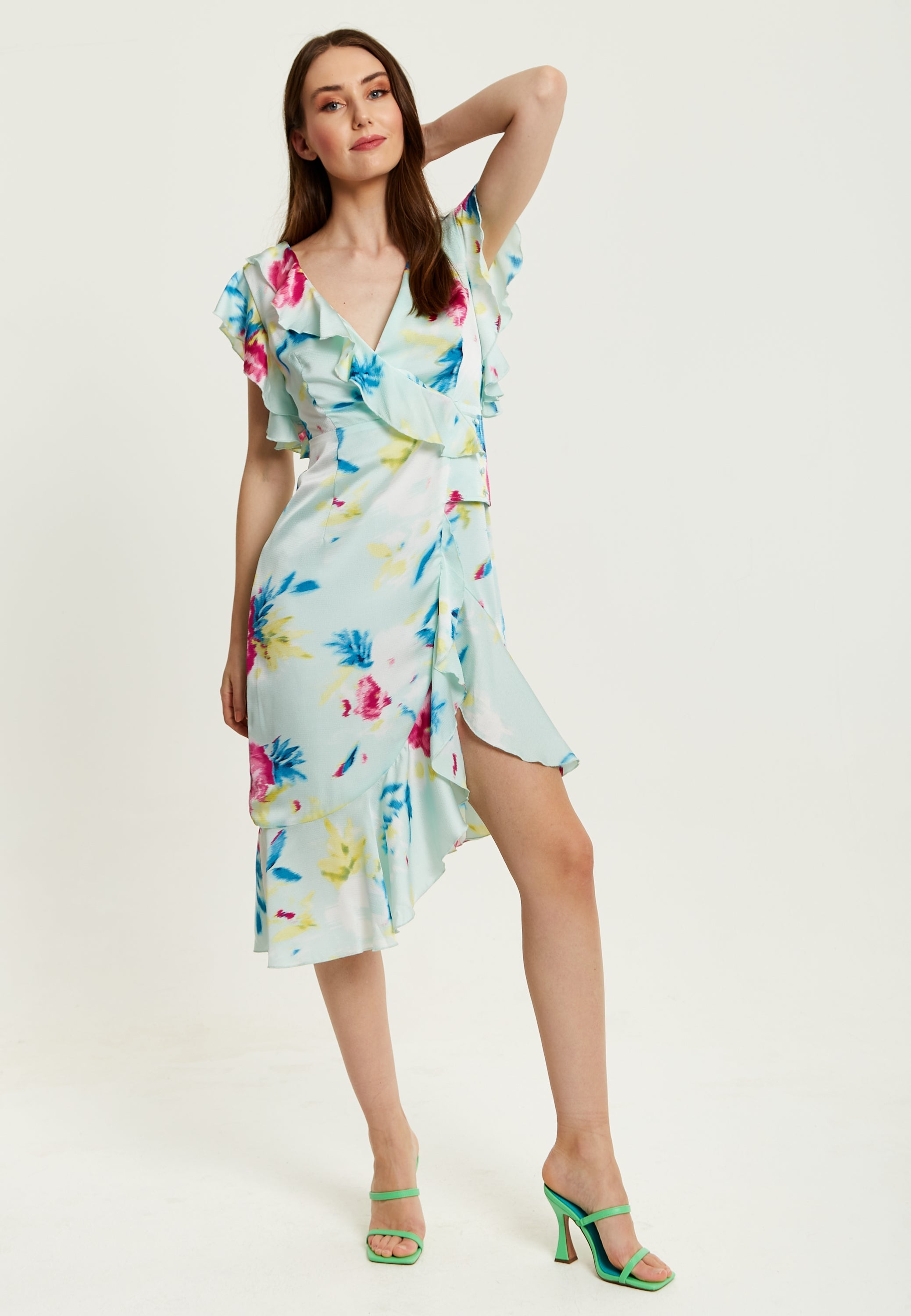 Women's Midi Wrap Dress with Flouncy Sleeves in Mint Green - Elegant Floral Design for Every Occasion by Liquorish