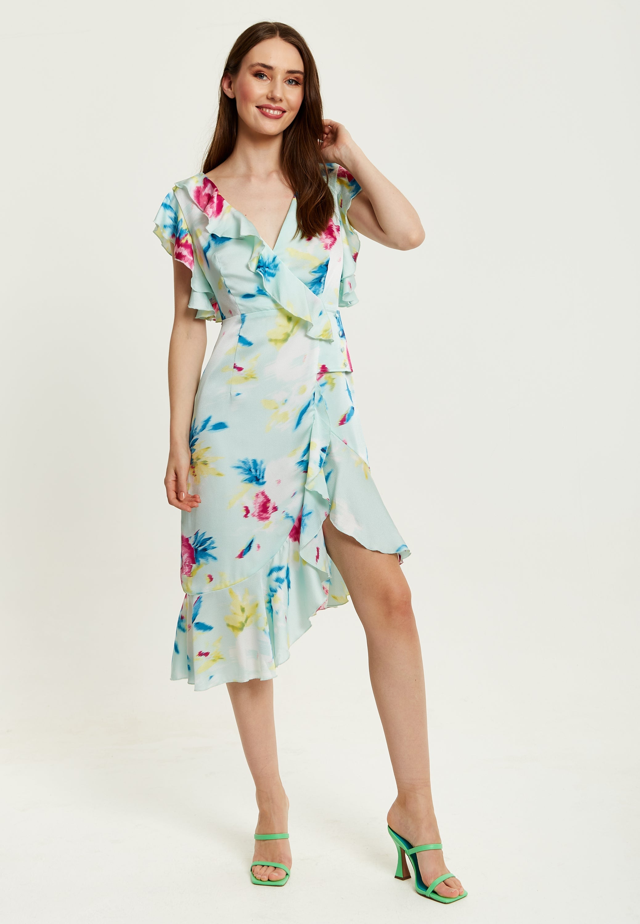 Women's Midi Wrap Dress with Flouncy Sleeves in Mint Green - Elegant Floral Design for Every Occasion by Liquorish