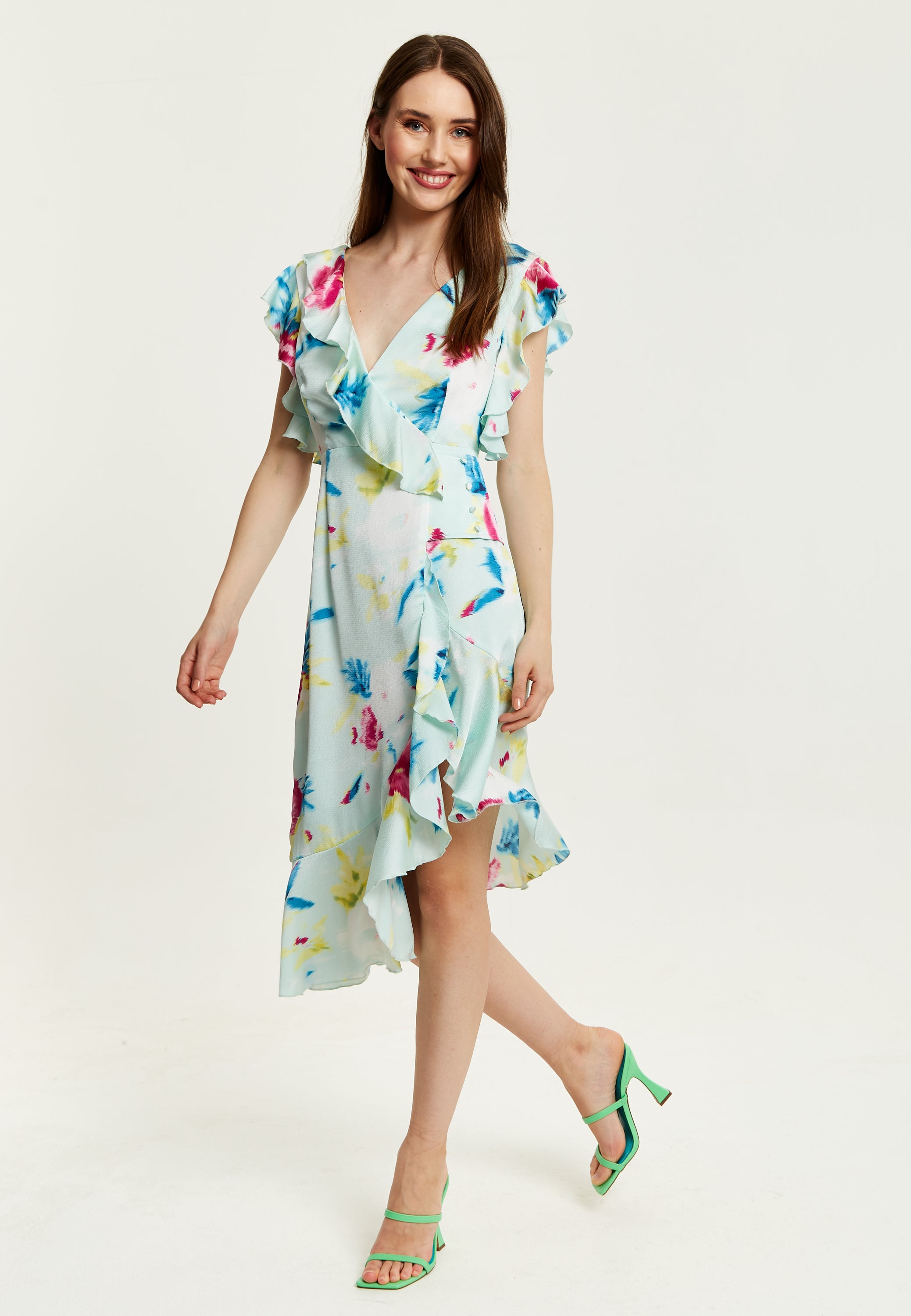 Women's Midi Wrap Dress with Flouncy Sleeves in Mint Green - Elegant Floral Design for Every Occasion by Liquorish