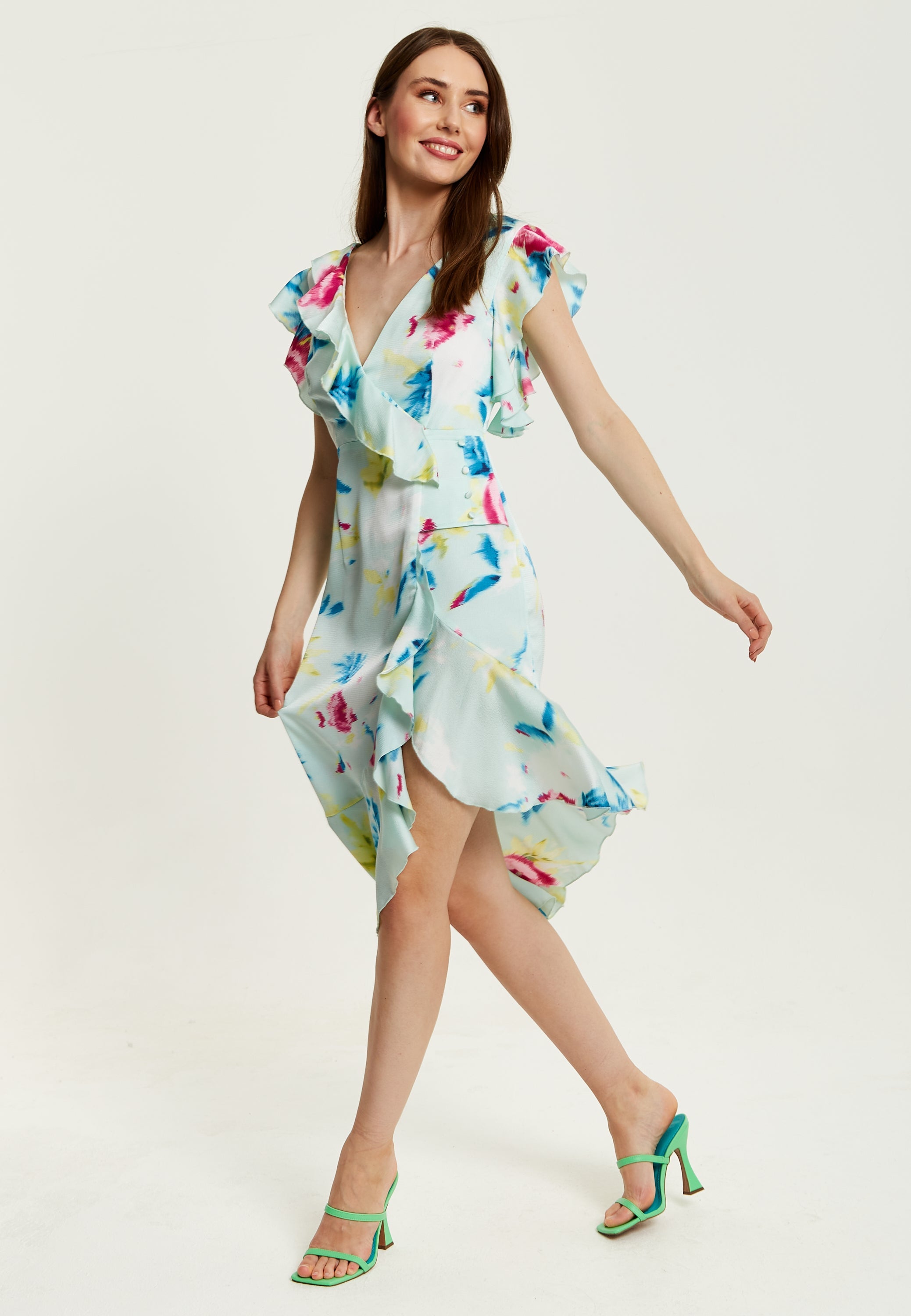 Women's Midi Wrap Dress with Flouncy Sleeves in Mint Green - Elegant Floral Design for Every Occasion by Liquorish