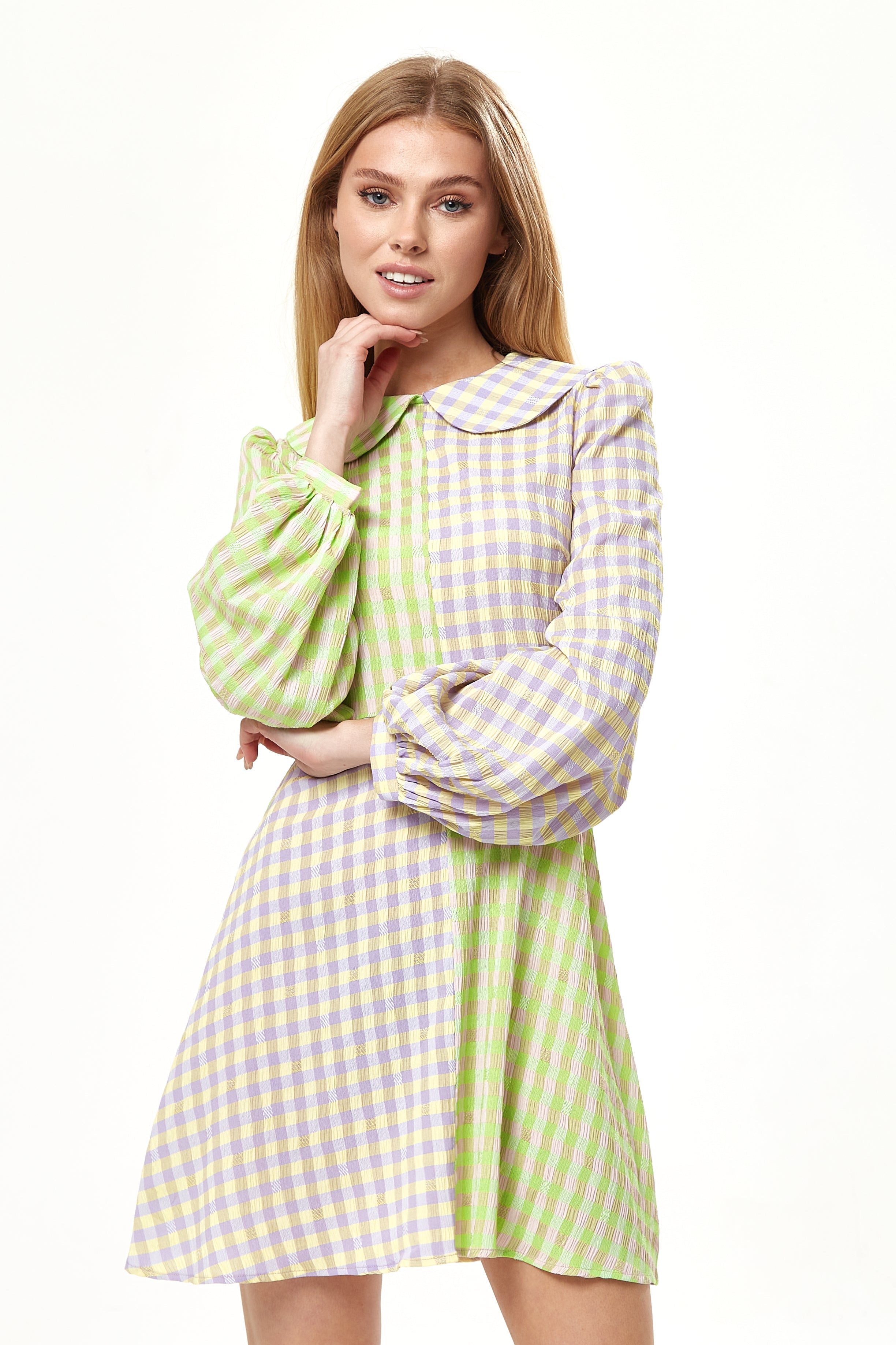 Women's Mini Dress in Green Check with Long Sleeves and Collar - Stylish Elegance by Liquorish