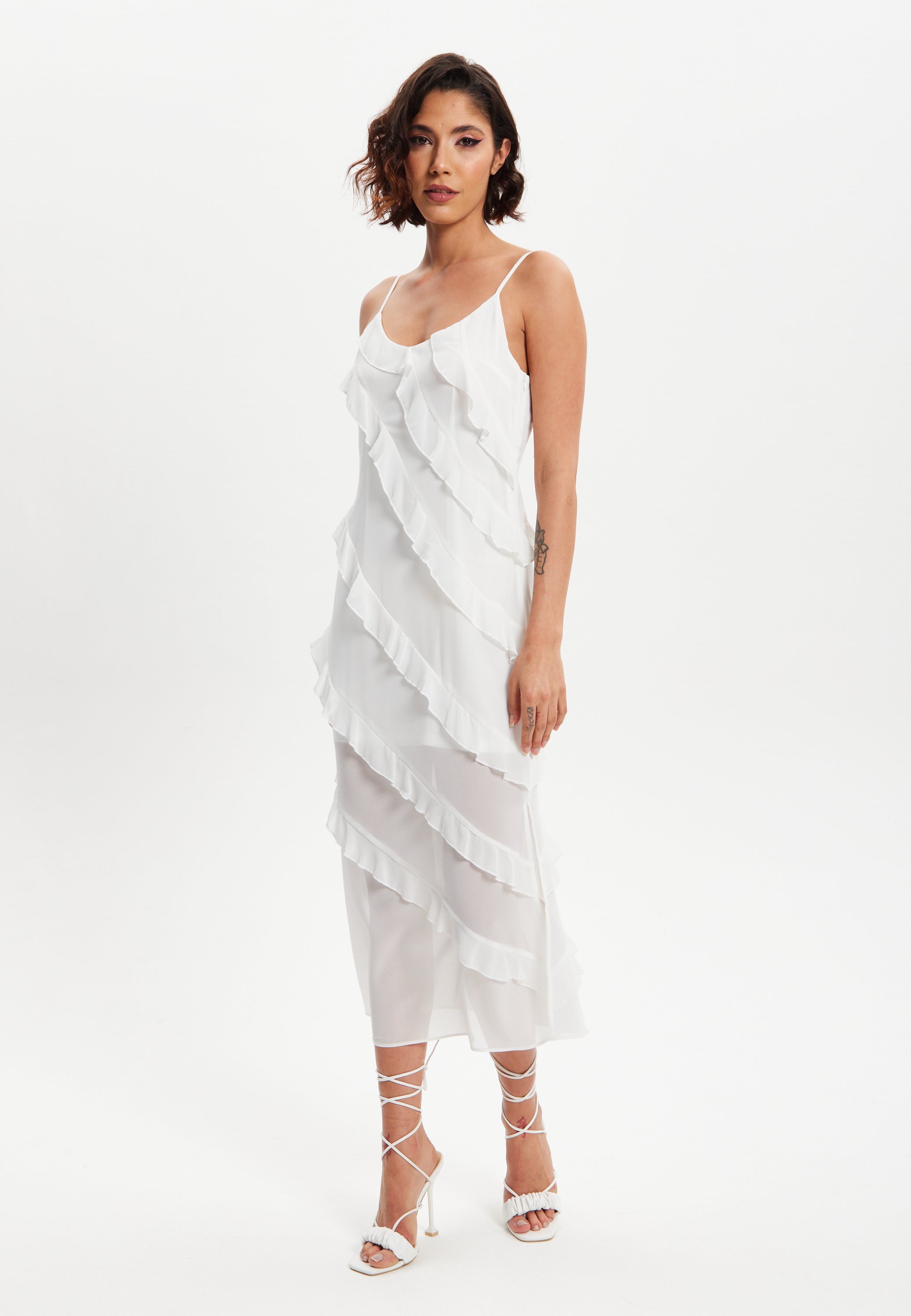 Women's Midi Dress with Adjustable Sleeves in White - Elegant Frill Design by Liquorish