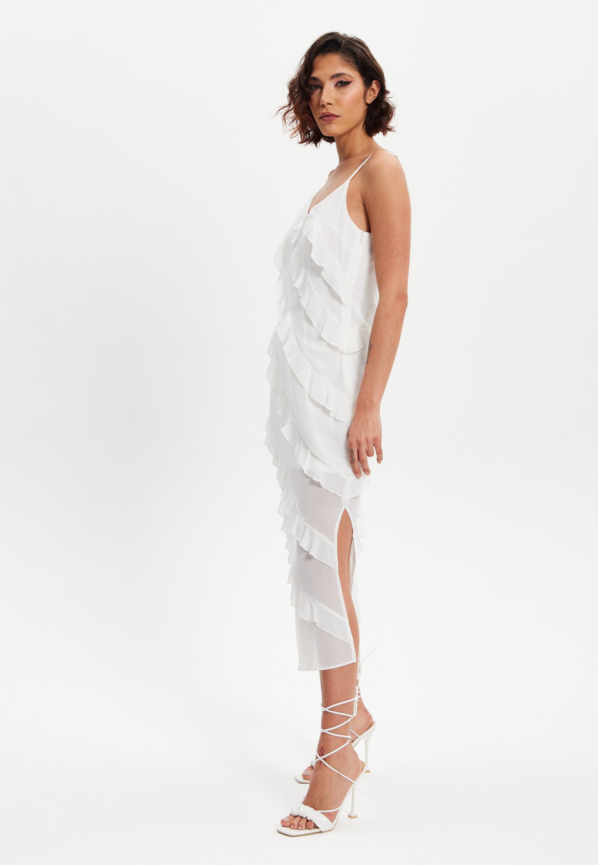 Women's Midi Dress with Adjustable Sleeves in White - Elegant Frill Design by Liquorish