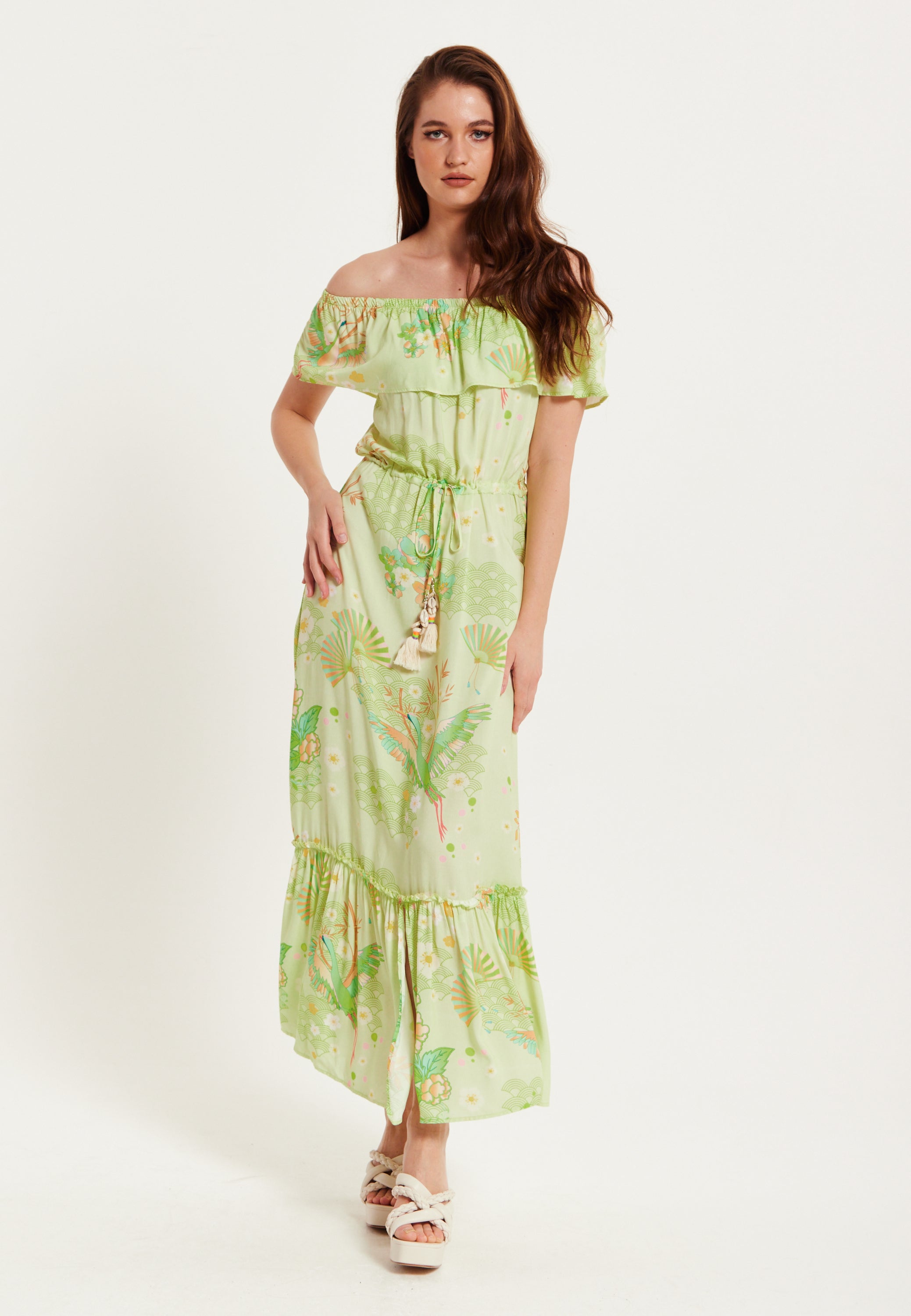 Green Floral Off Shoulder Maxi Dress