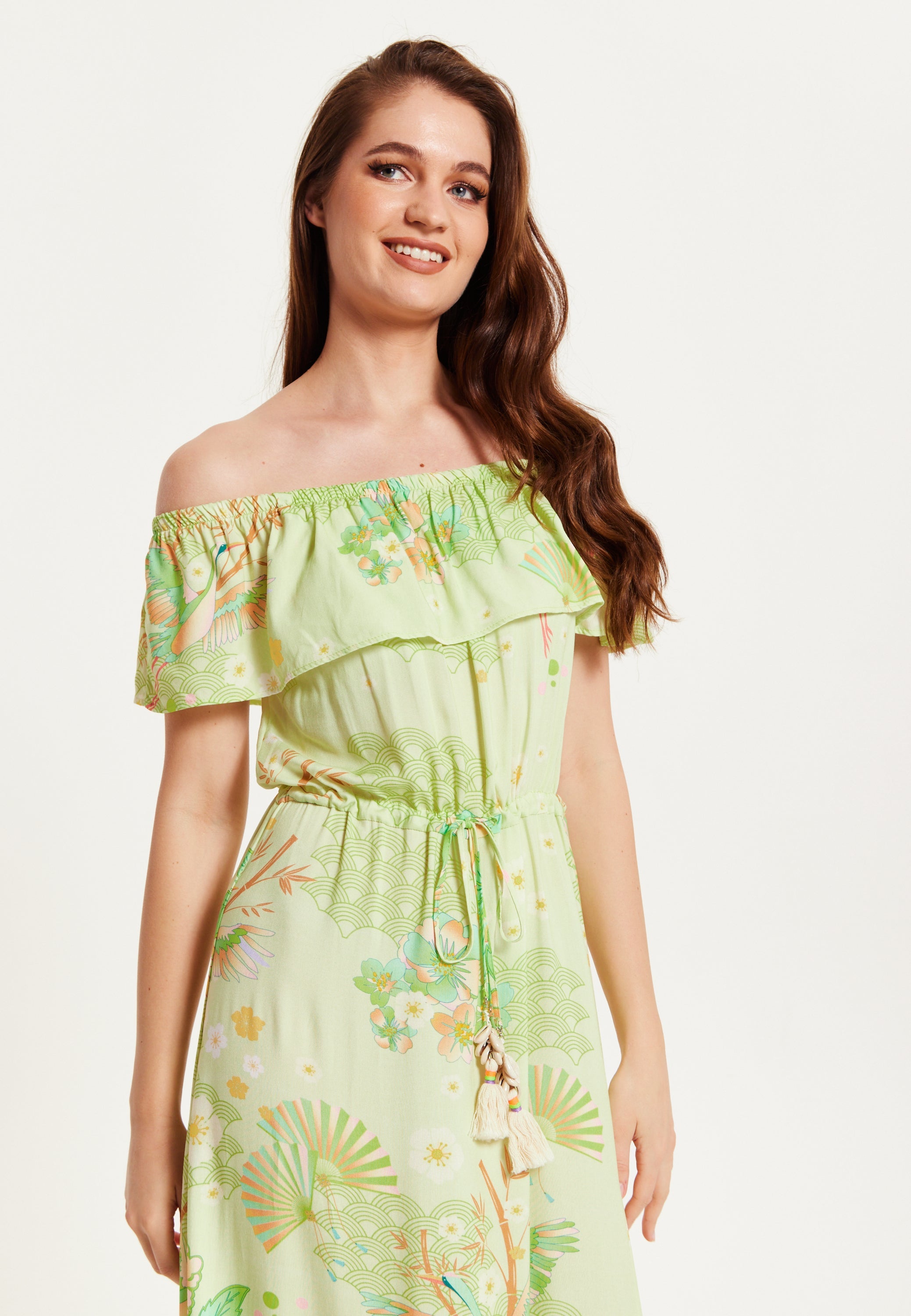 Green Floral Off Shoulder Maxi Dress