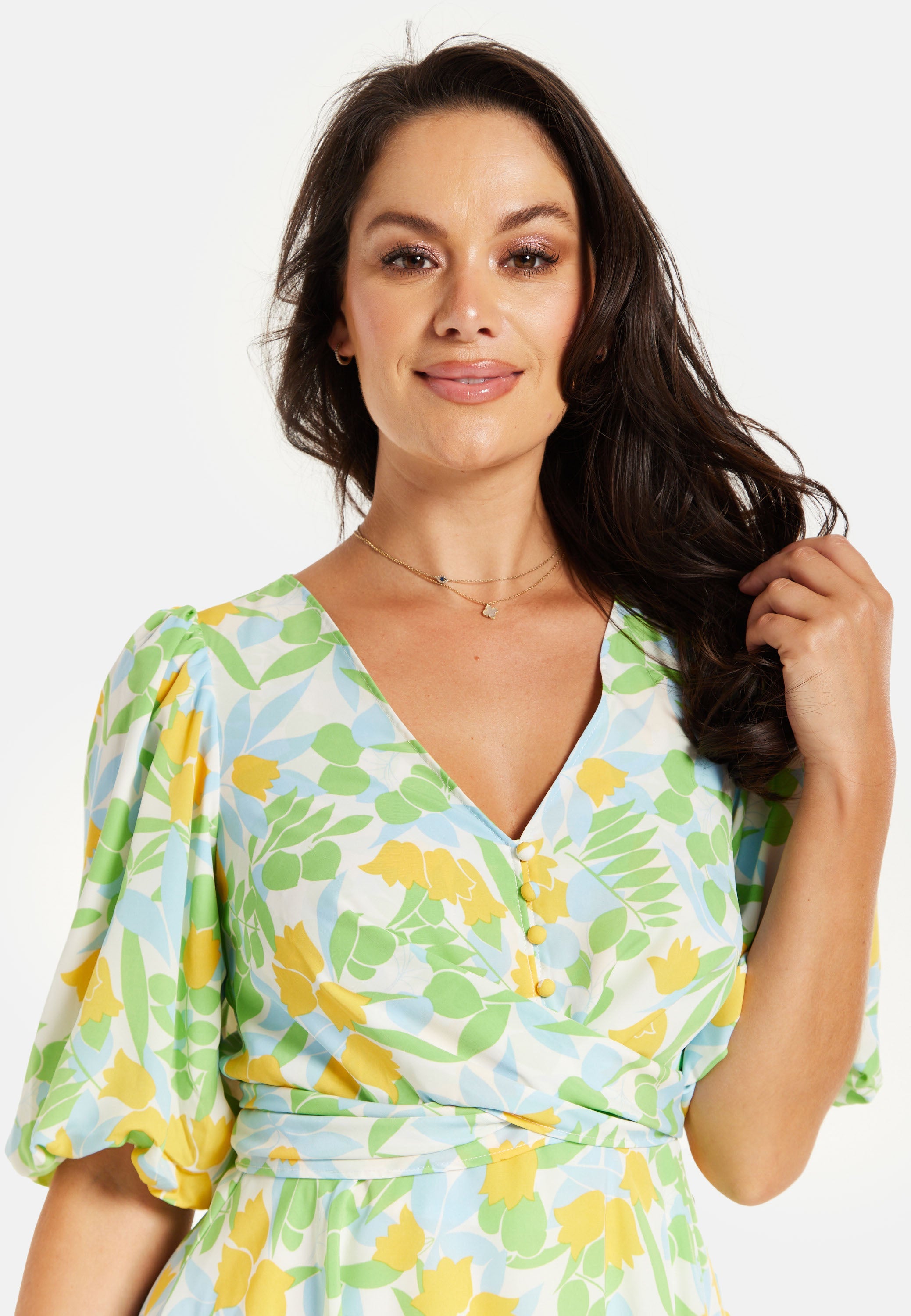 Women's Mini Dress, Yellow Floral Print, V Neck, Balloon Sleeves, Tie Waist, Chic Summer Style