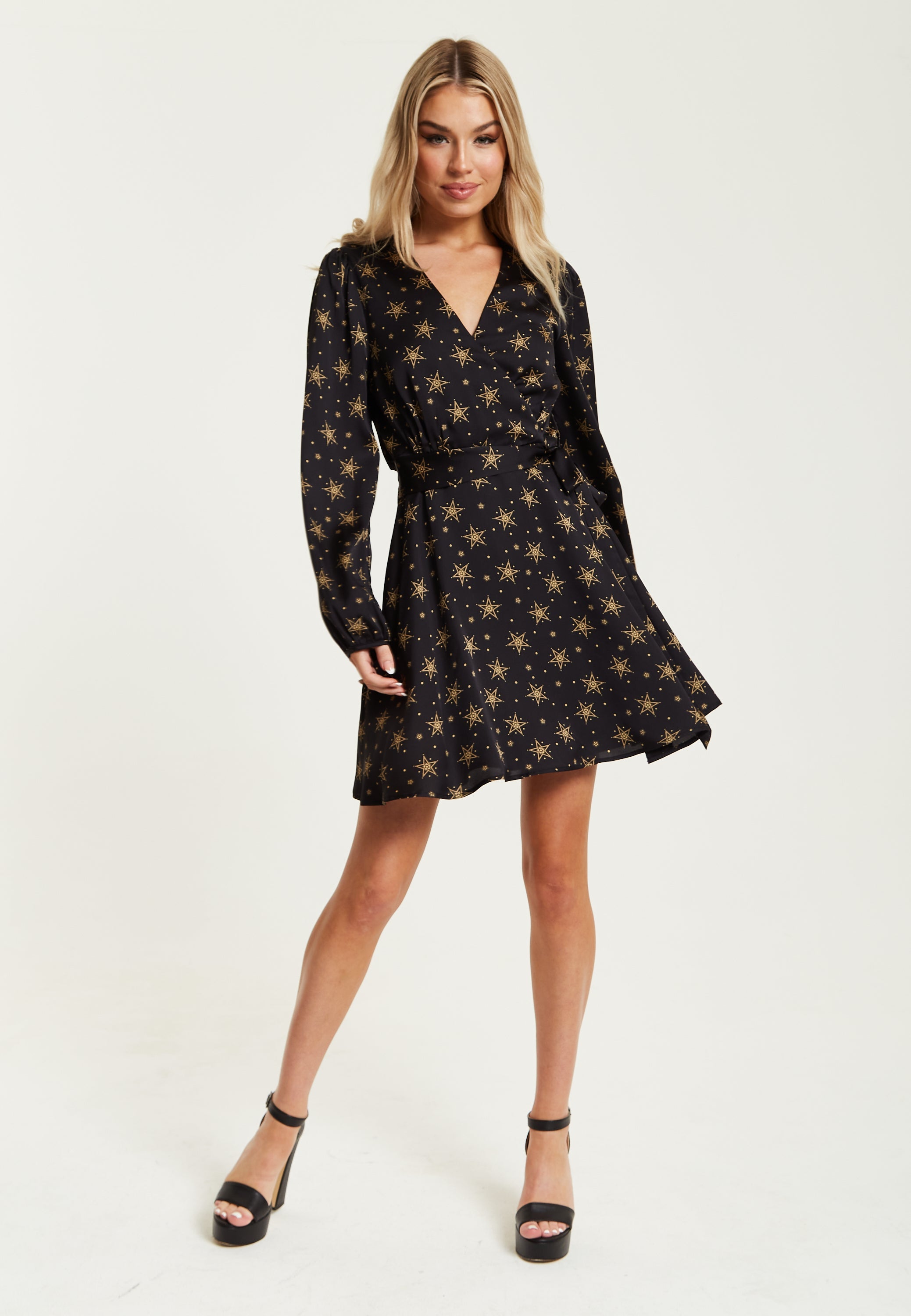 Women's Mini Dress in Black with Long Sleeves, Gold Star & Polka Dot Print Wrap Design - Liquorish