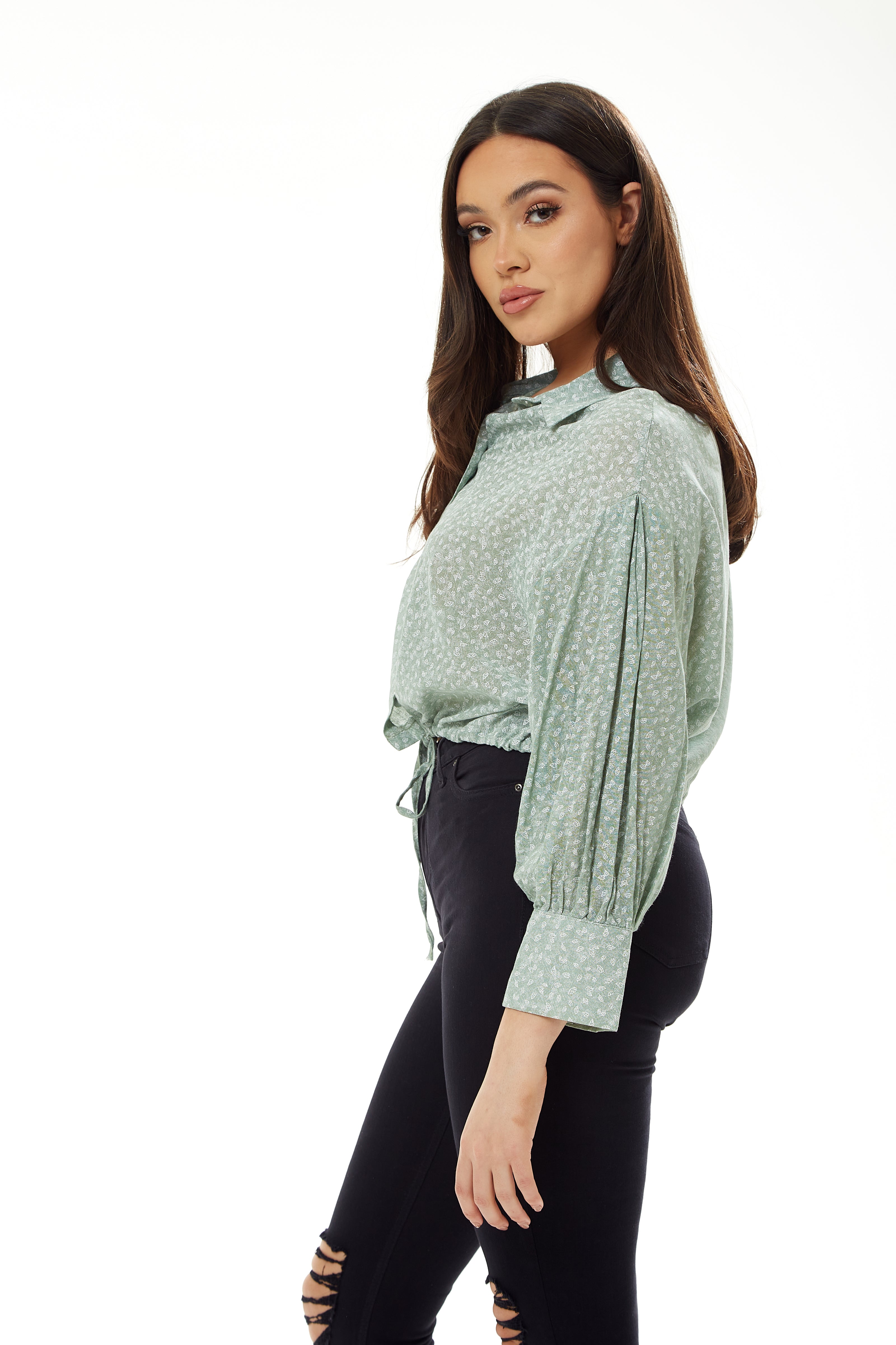 Women's Mint Green Crop Shirt - Cropped Style, Tie Waist, Short Sleeves, Solid Color, UK Sizes S-8, M-10, L-12