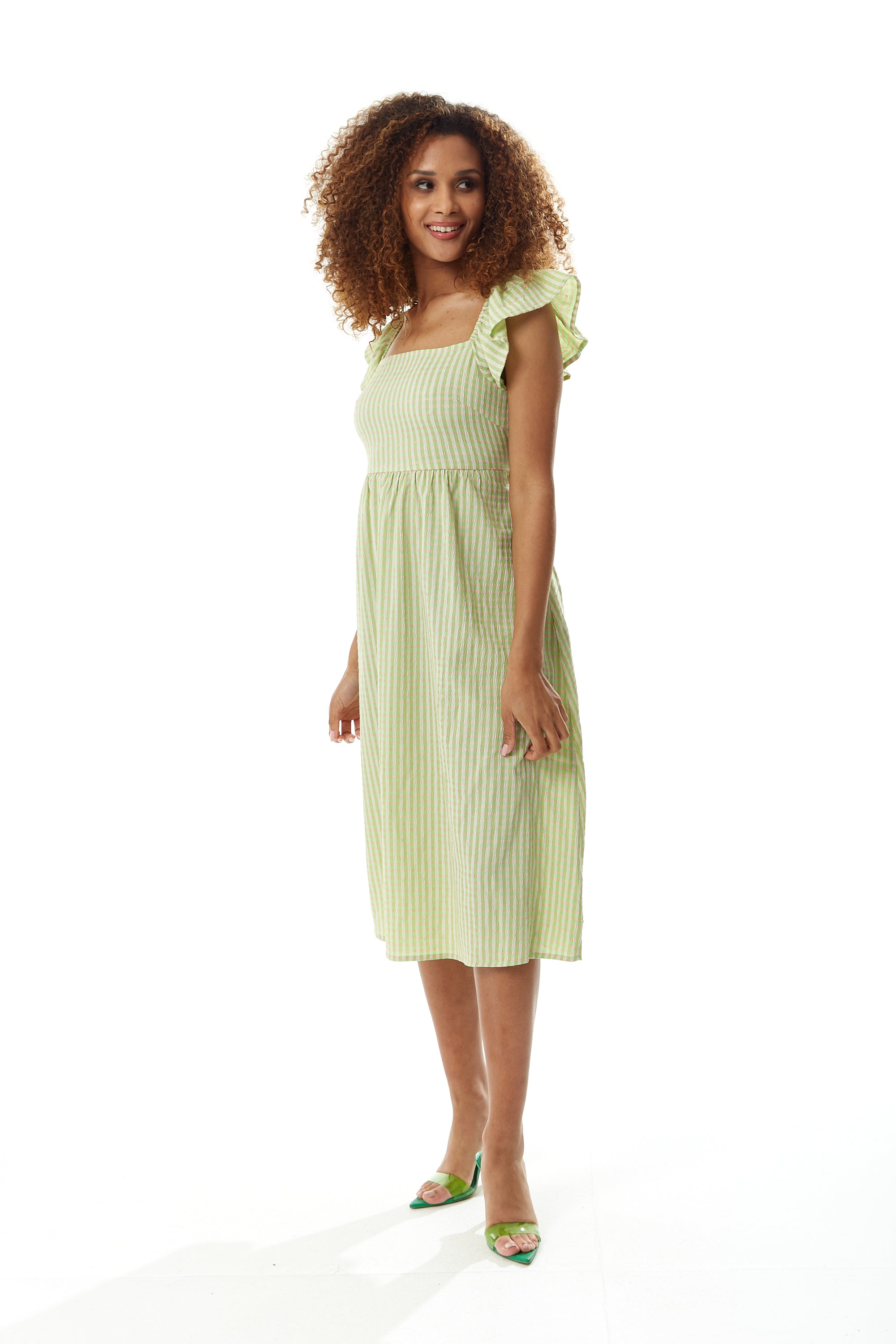 Women's Midi Dress with Frill Sleeves in Green Gingham - Cut Out Back and Tie Detail by Liquorish