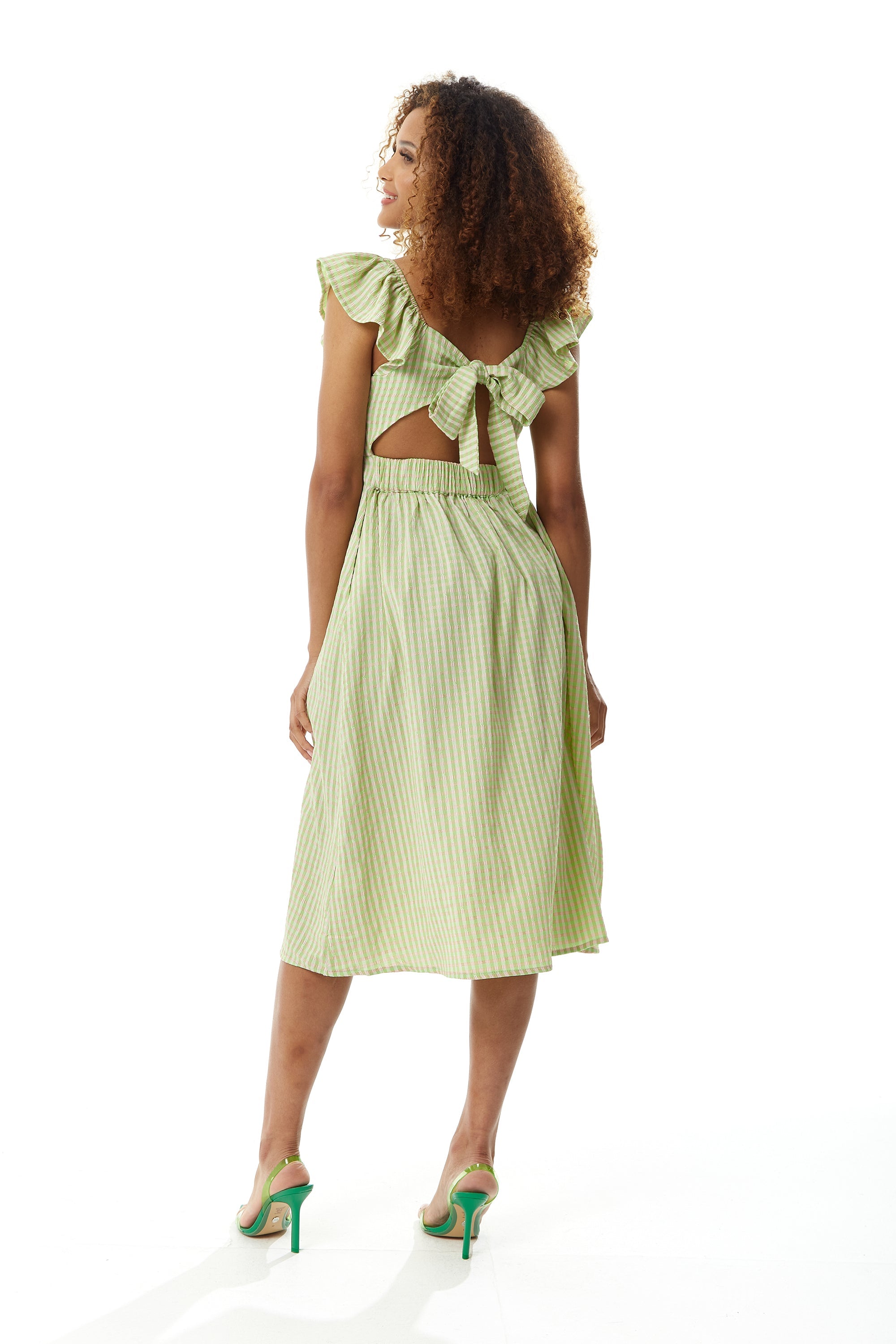 Women's Midi Dress with Frill Sleeves in Green Gingham - Cut Out Back and Tie Detail by Liquorish