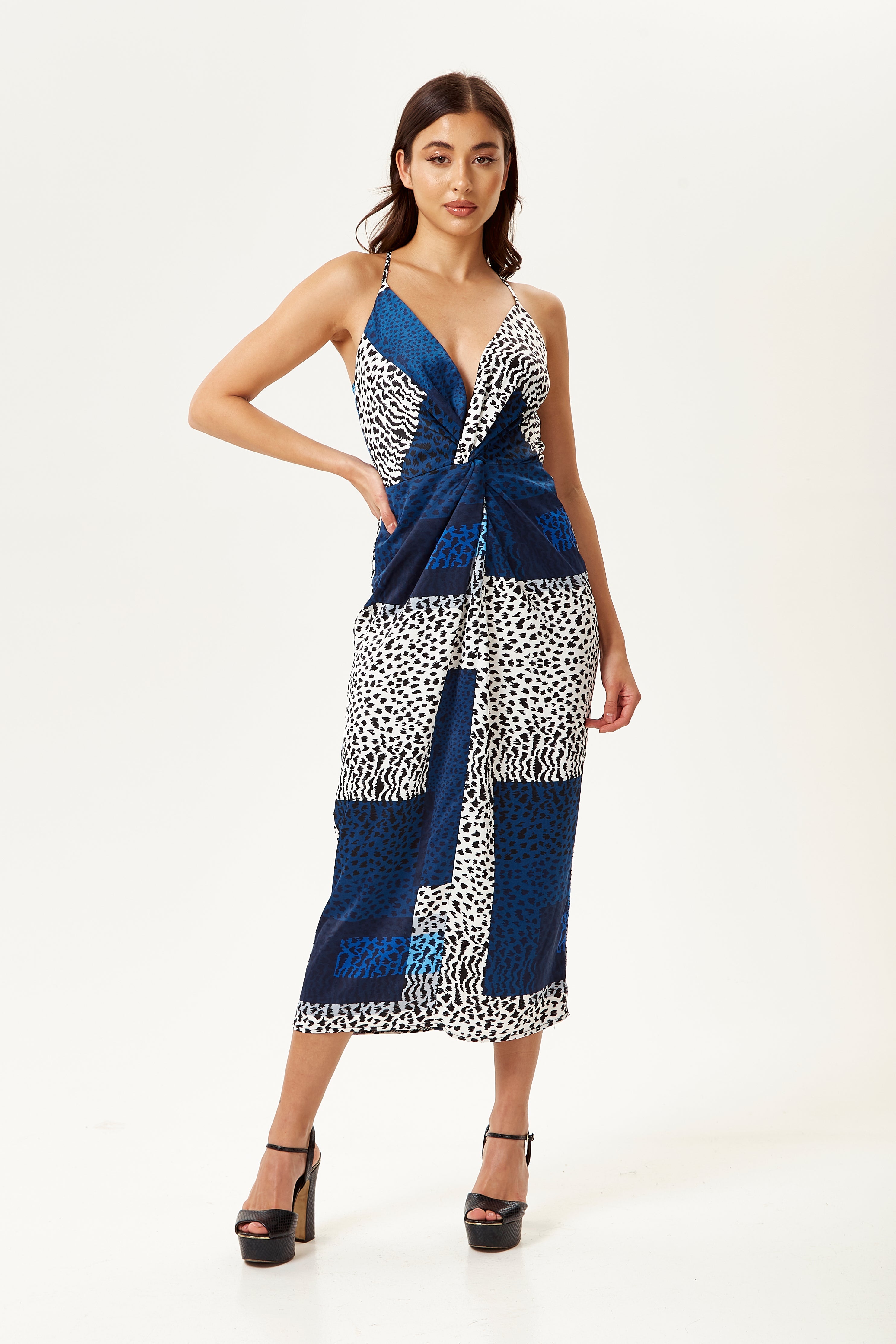 Women's Midi Dress in Blue Square Animal Print with Adjustable Straps - Regular Fit, Liquorish