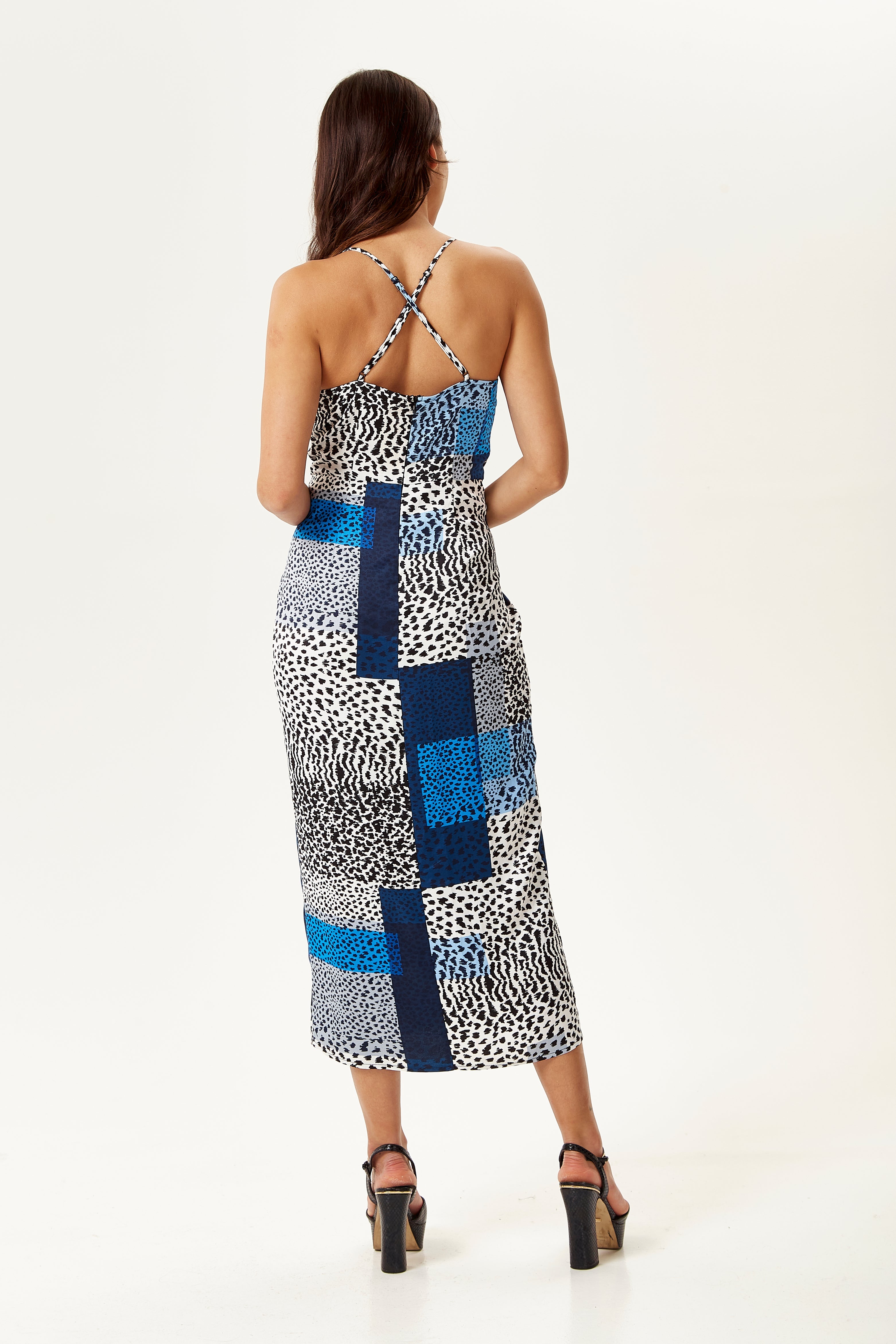 Women's Midi Dress in Blue Square Animal Print with Adjustable Straps - Regular Fit, Liquorish
