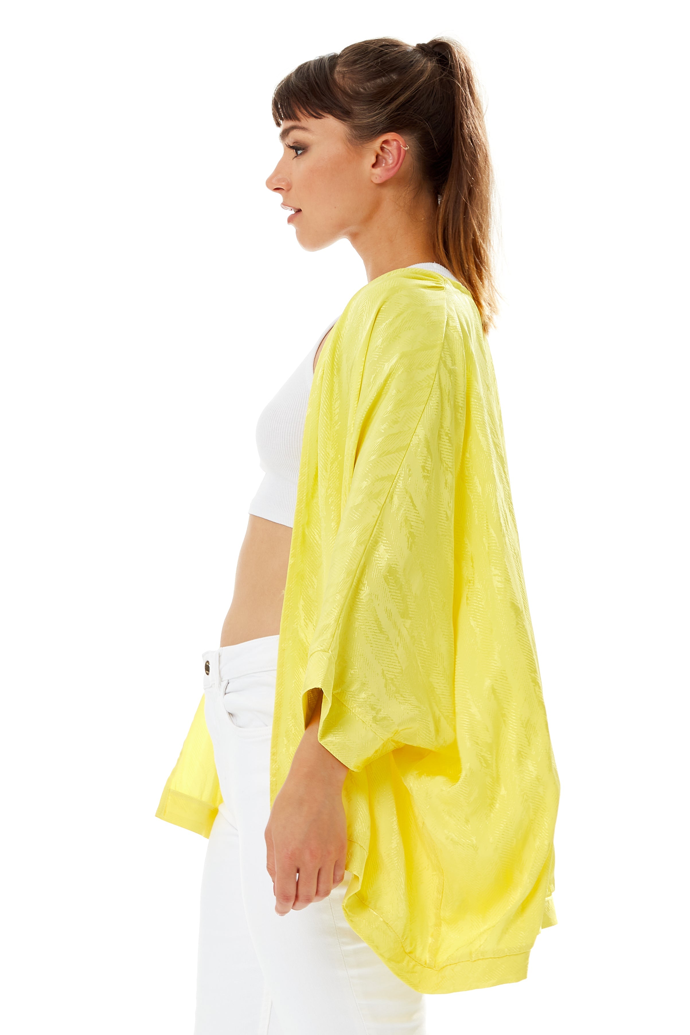 Women's Elegant Yellow Jacquard Kimono with Long Sleeves, Open Front Design for Versatile Day-to-Night Styling