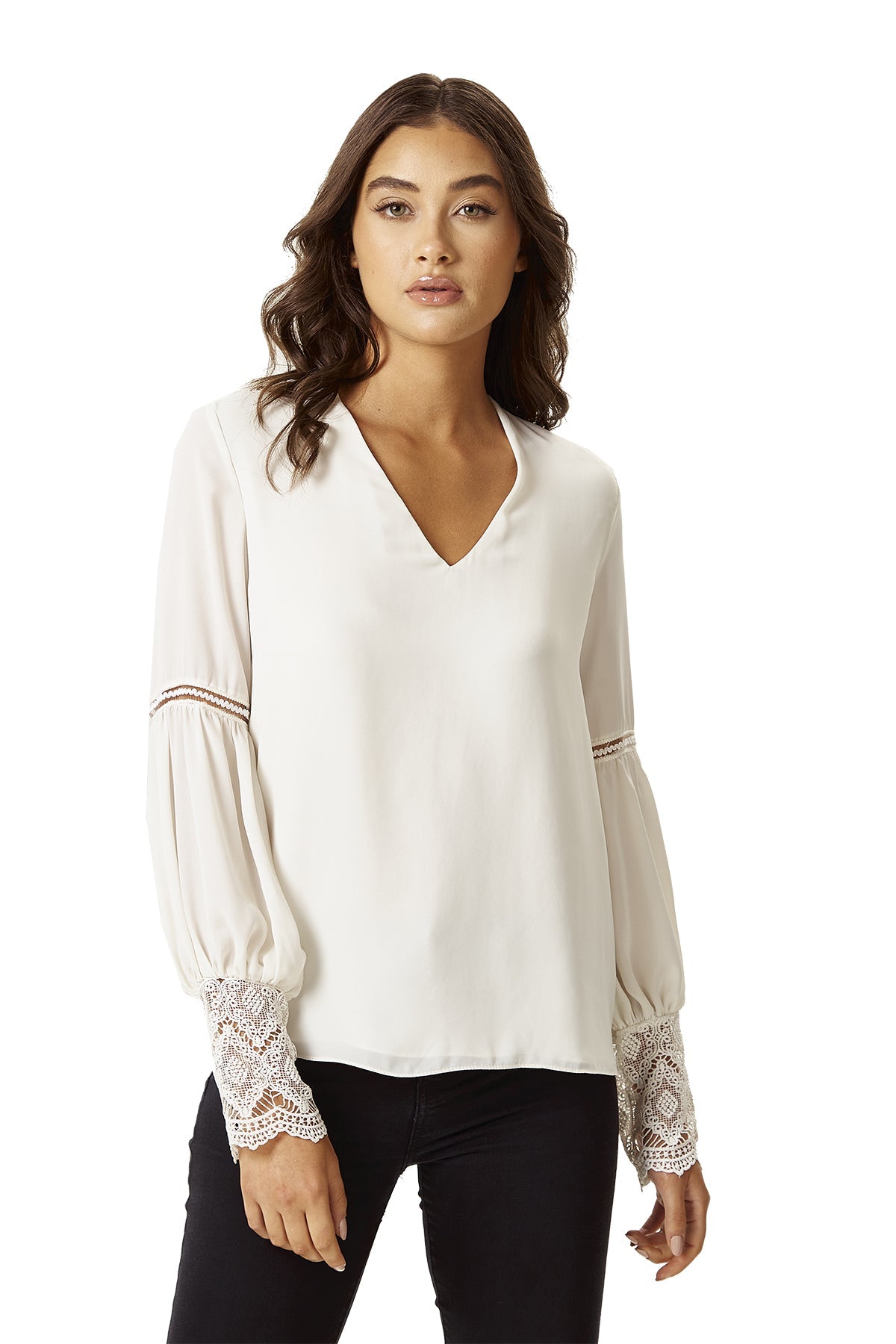 Women's Elegant V Neck White Lace Cuffed Long Sleeve Top with Regular Fit and Stylish Details