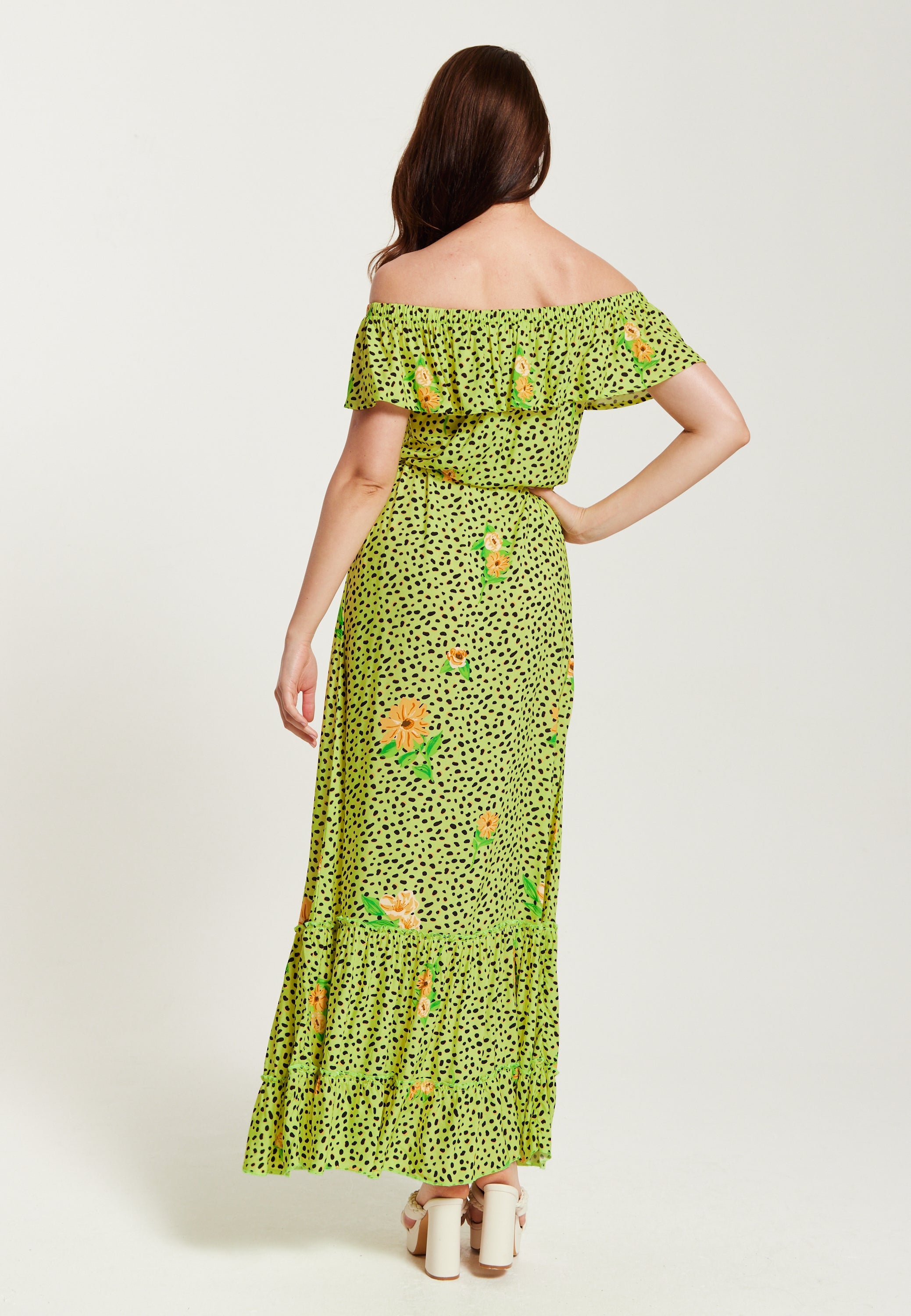 Women's Maxi Dress in Neon Green with Off Shoulder Sleeves and Tie Waist Detail - Liquorish