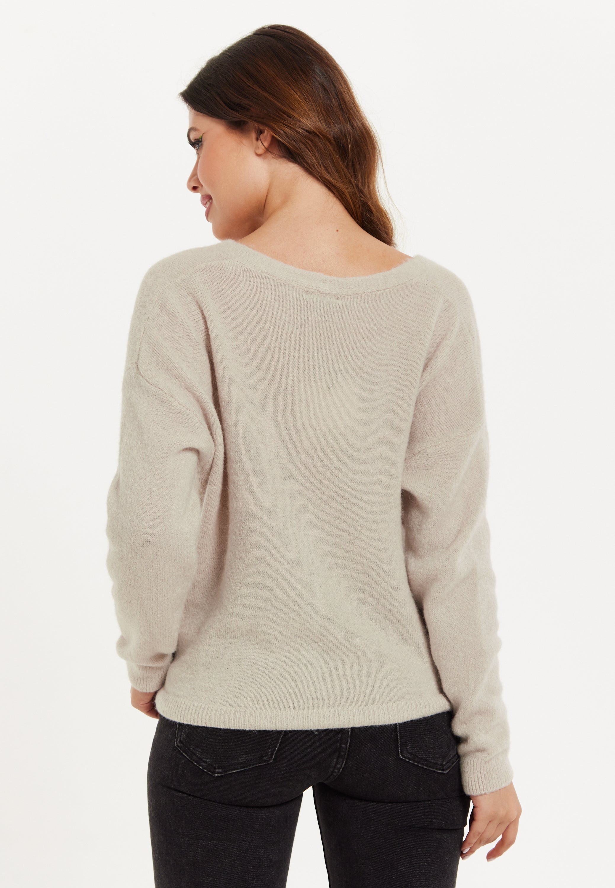 Women's Cardigan in Cream, Ultra-Soft Knitted, Deep V-Neck, Relaxed Fit - Liquorish