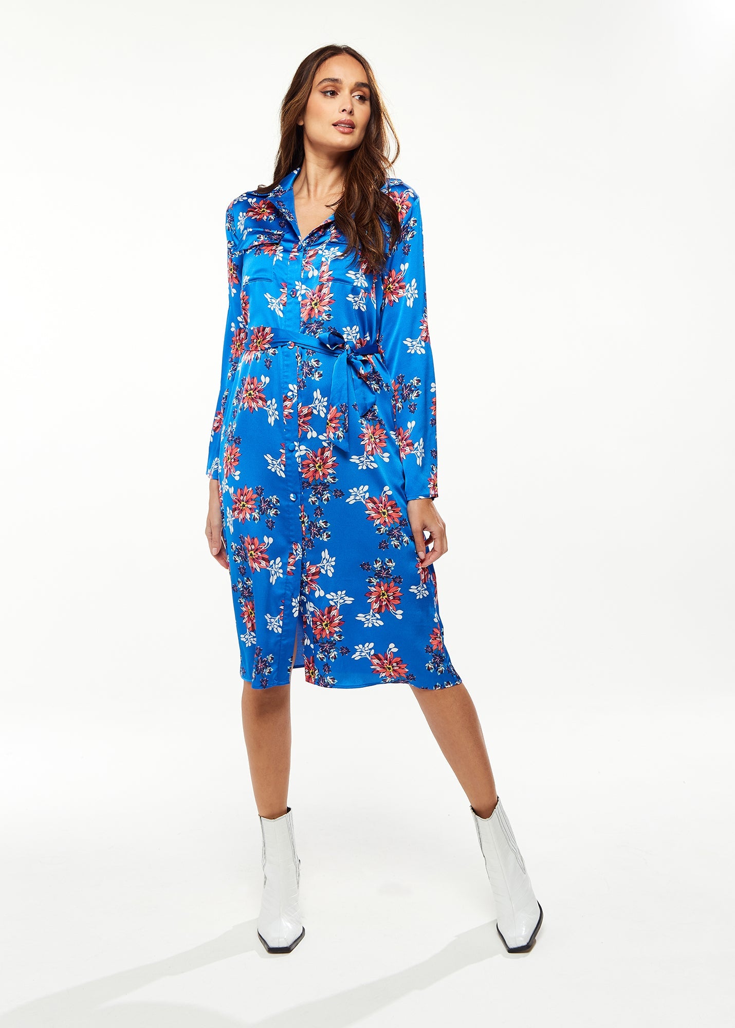 Women's Midi Dress in Bright Blue with Floral Print, Long Sleeve, Button Front and Functional Pockets