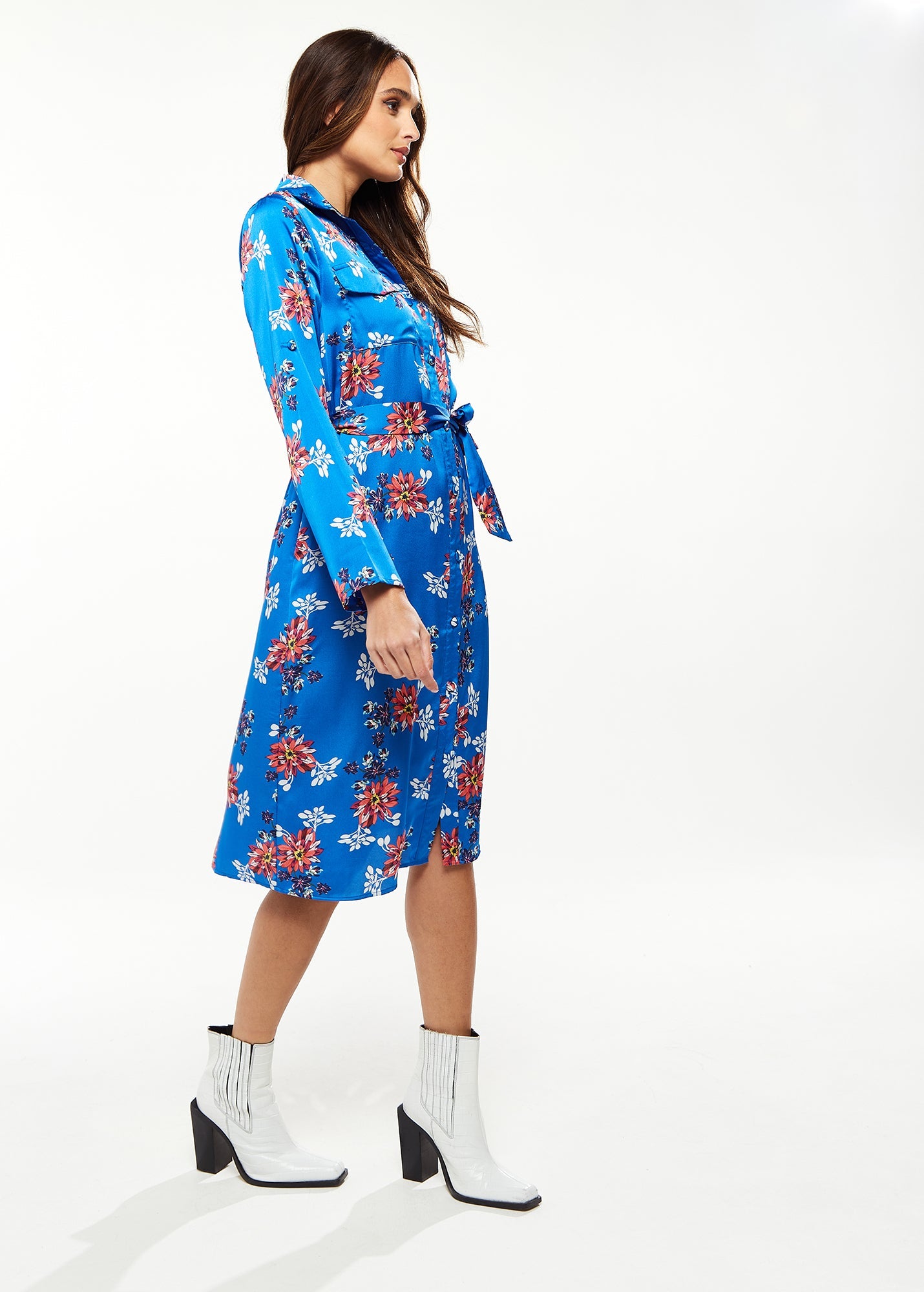 Women's Midi Dress in Bright Blue with Floral Print, Long Sleeve, Button Front and Functional Pockets