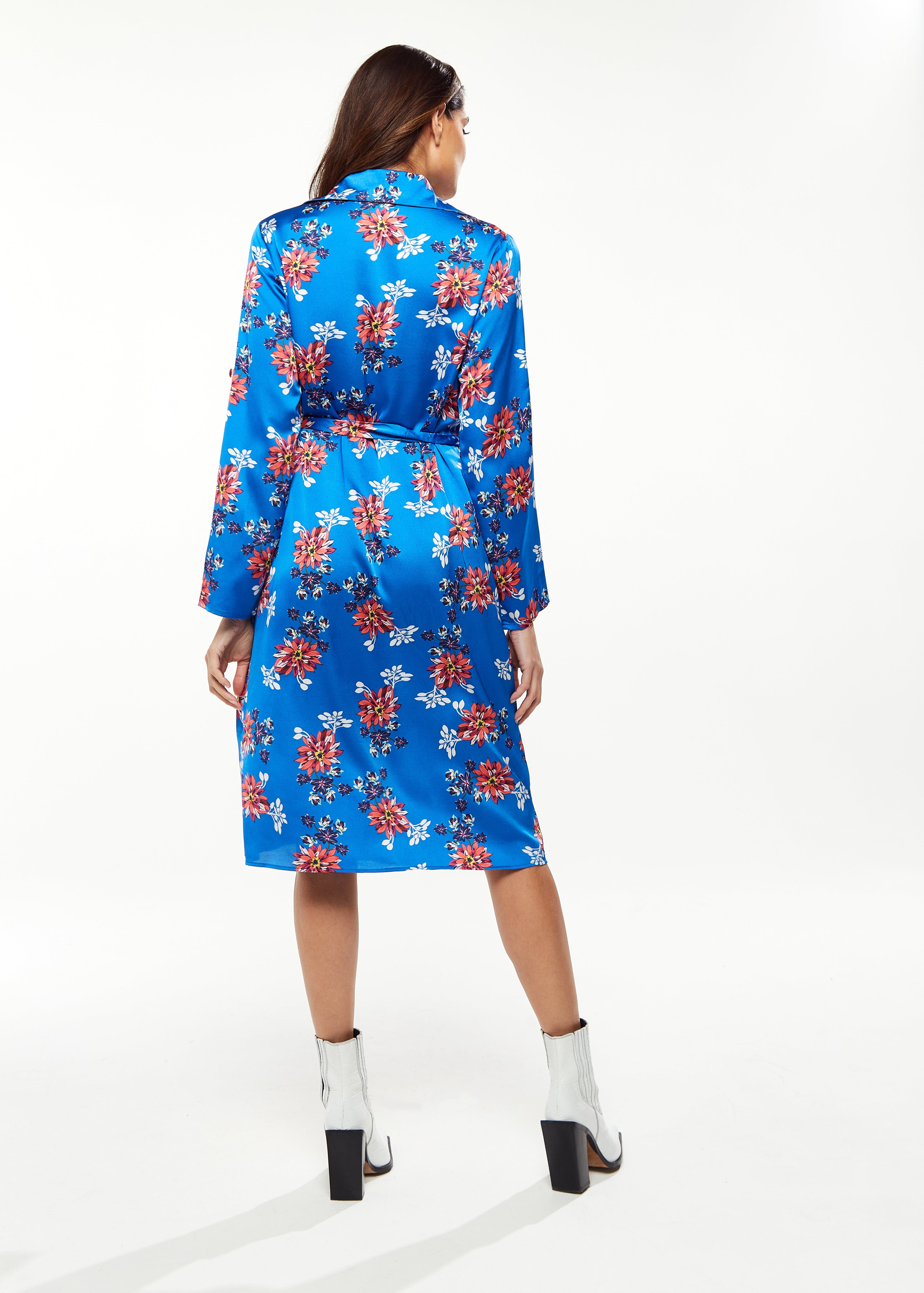 Women's Midi Dress in Bright Blue with Floral Print, Long Sleeve, Button Front and Functional Pockets