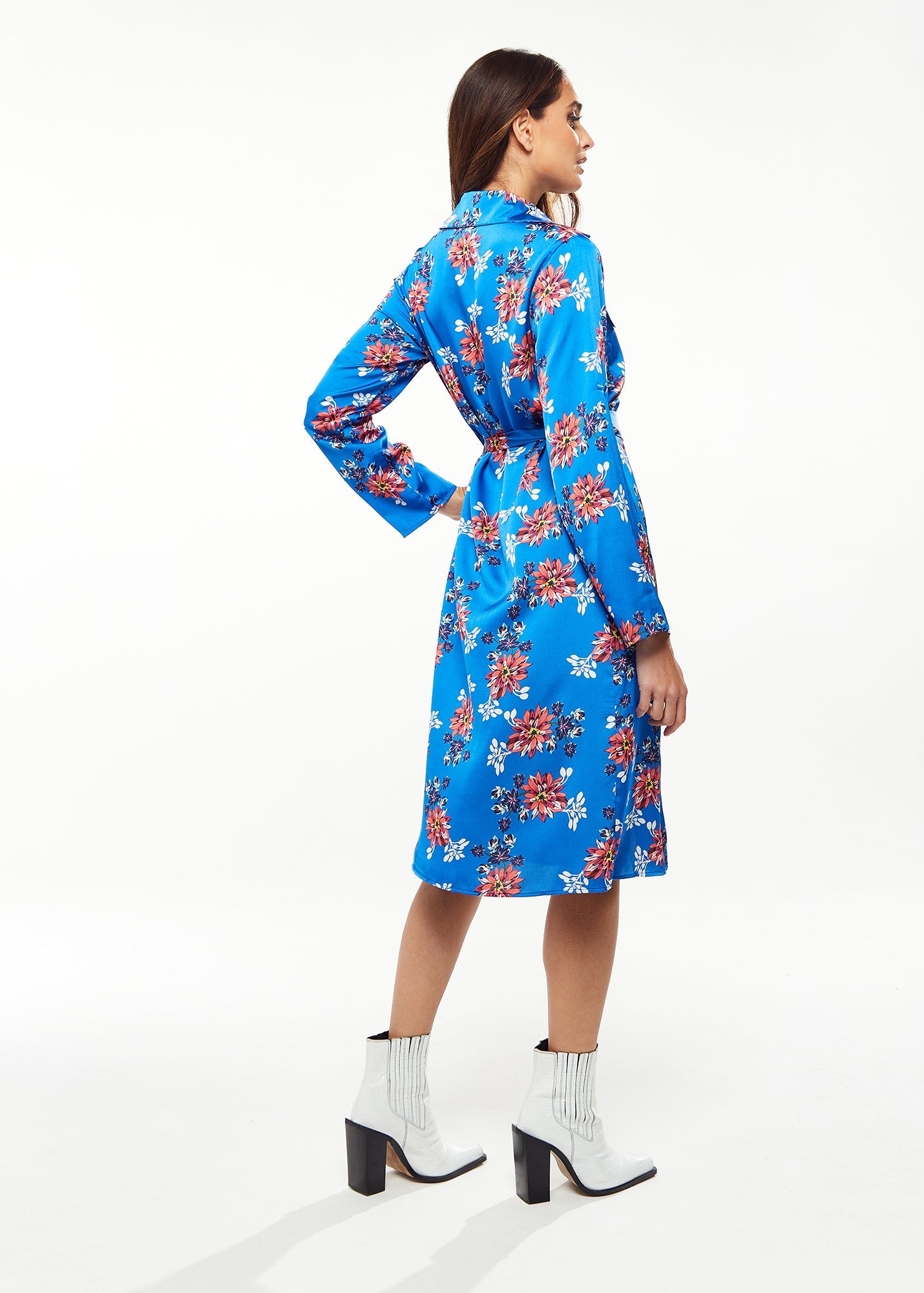 Women's Midi Dress in Bright Blue with Floral Print, Long Sleeve, Button Front and Functional Pockets