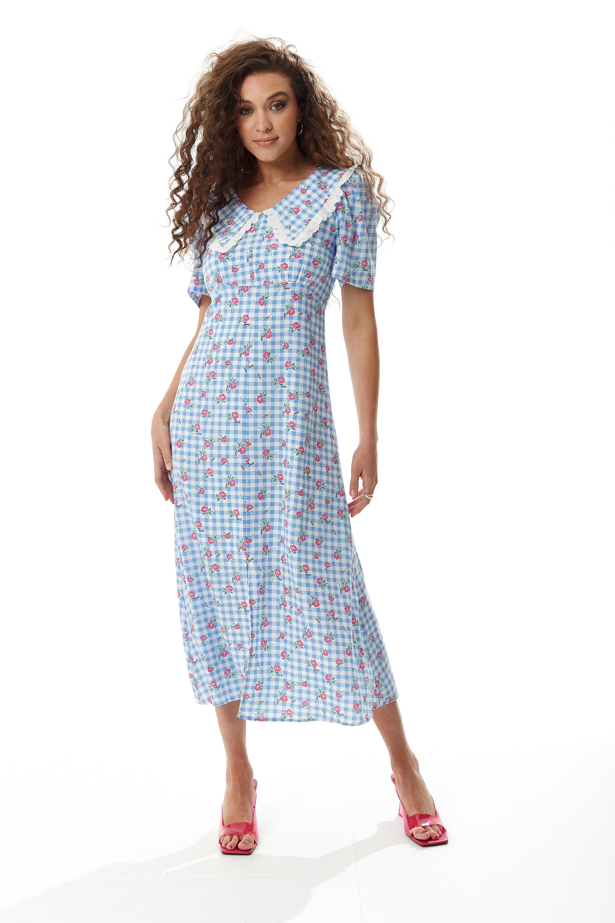Women's Midi Dress in Blue and White Gingham with Floral Print and Trim Lace Collar - Short Sleeves, Liquorish