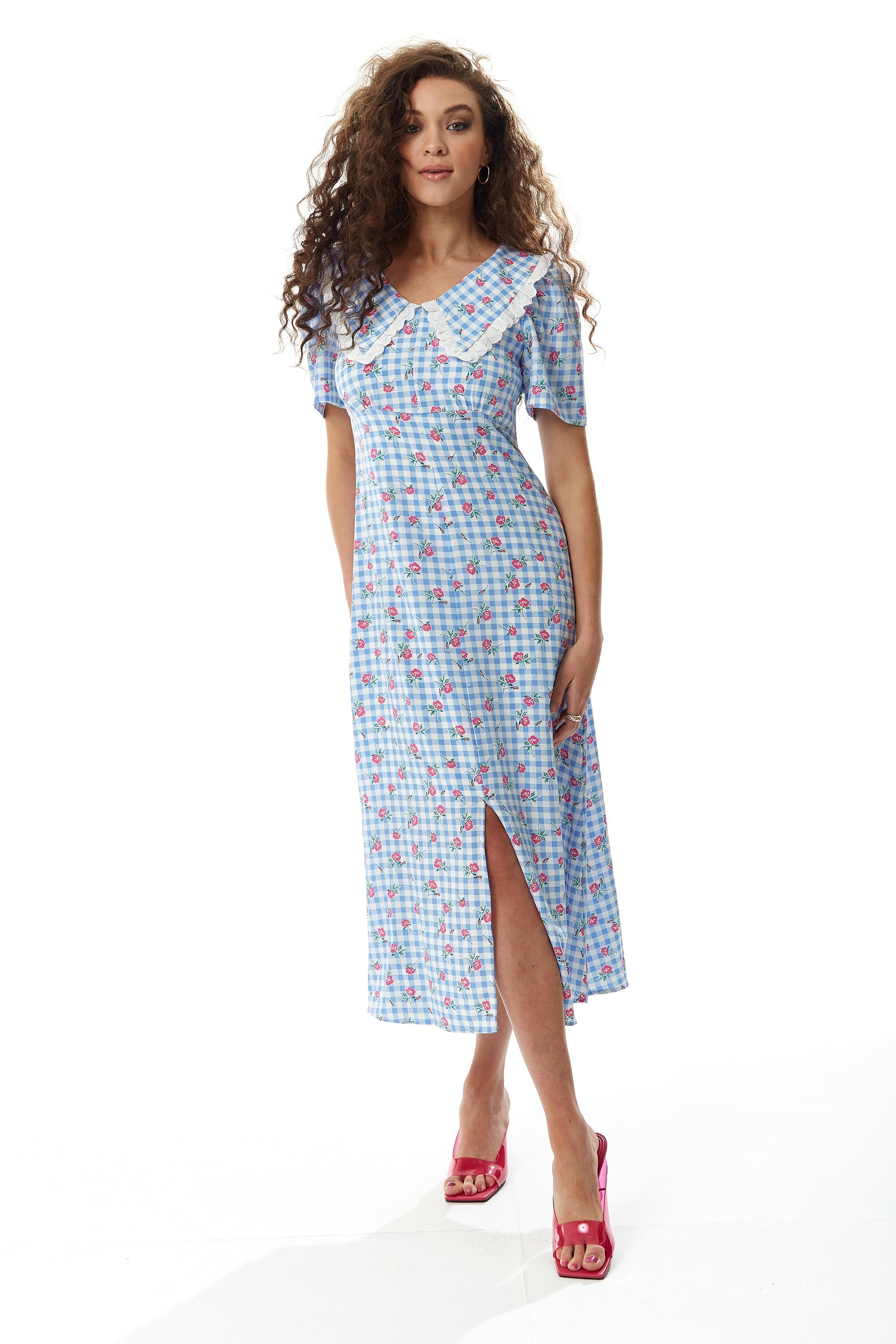 Women's Midi Dress in Blue and White Gingham with Floral Print and Trim Lace Collar - Short Sleeves, Liquorish