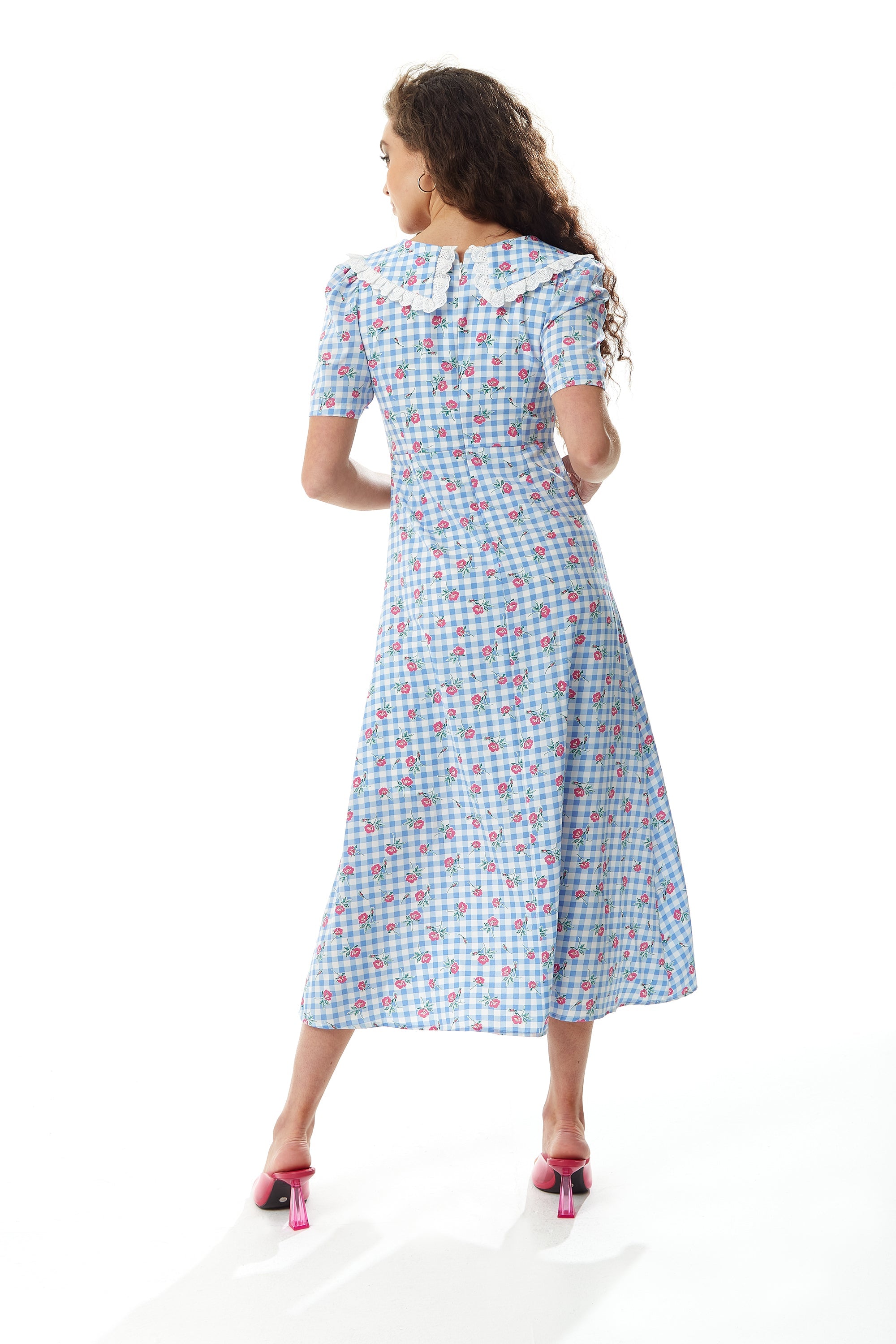 Women's Midi Dress in Blue and White Gingham with Floral Print and Trim Lace Collar - Short Sleeves, Liquorish