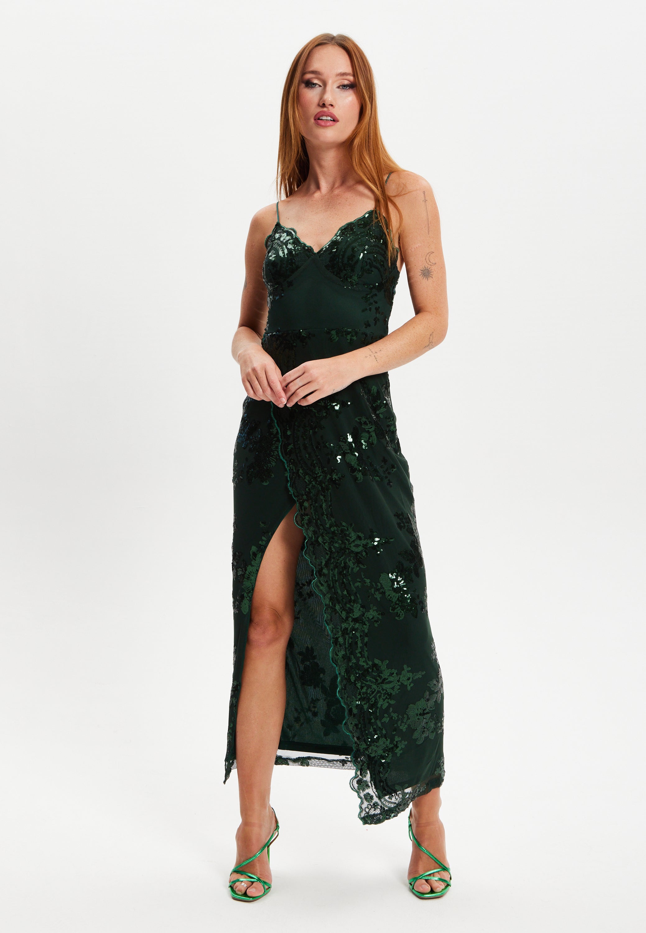 Women's Maxi Dress with Long Slit and Slim Fit in Forest Green Sequin - Liquorish