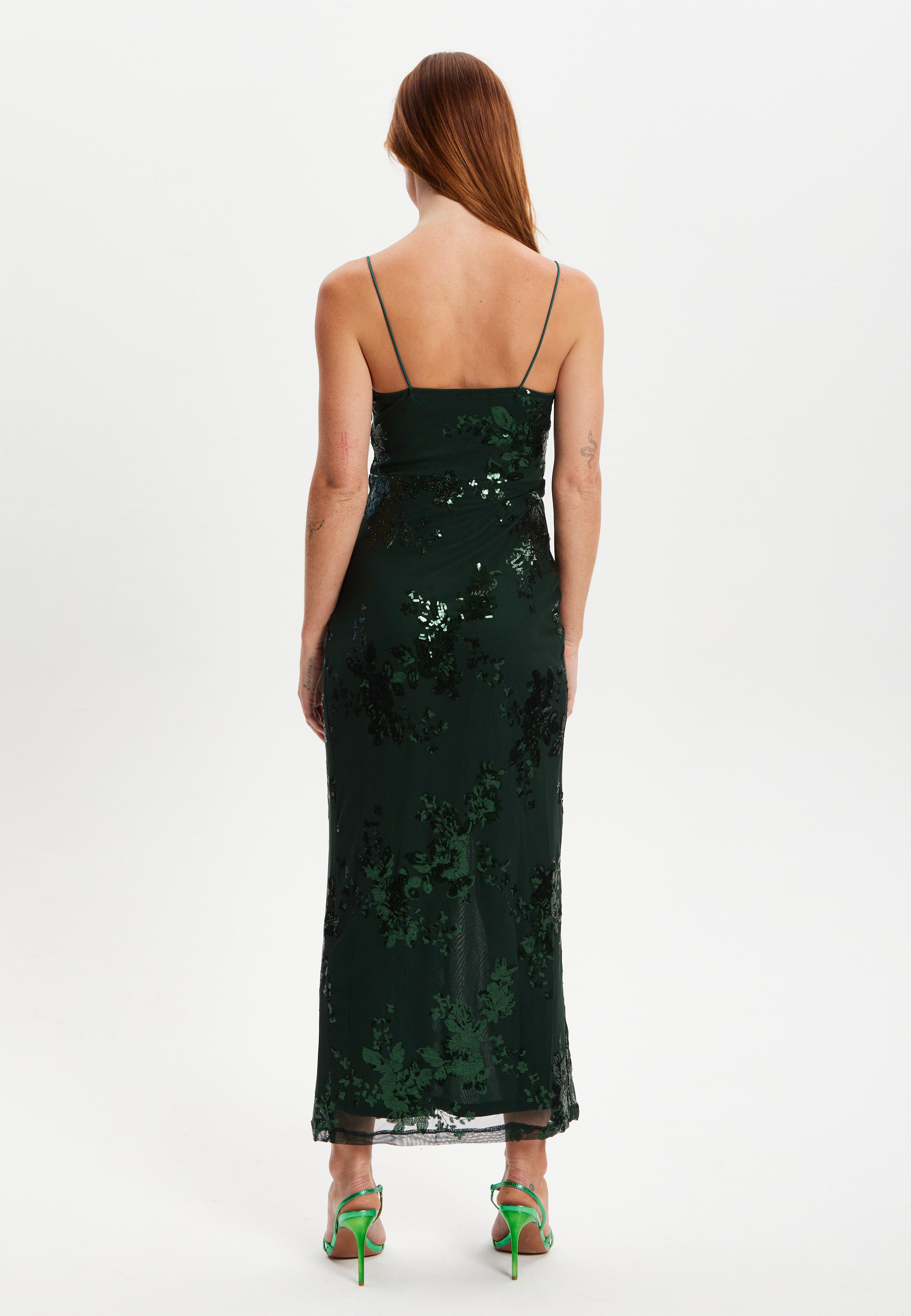 Women's Maxi Dress with Long Slit and Slim Fit in Forest Green Sequin - Liquorish