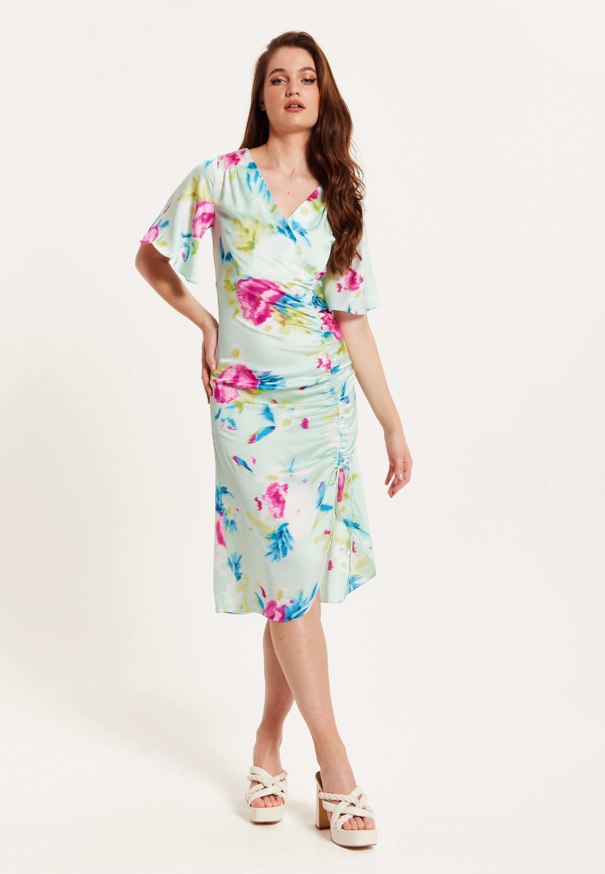 Women's Midi Wrap Dress with Kimono Sleeves and Floral Print in Mint Green - Liquorish