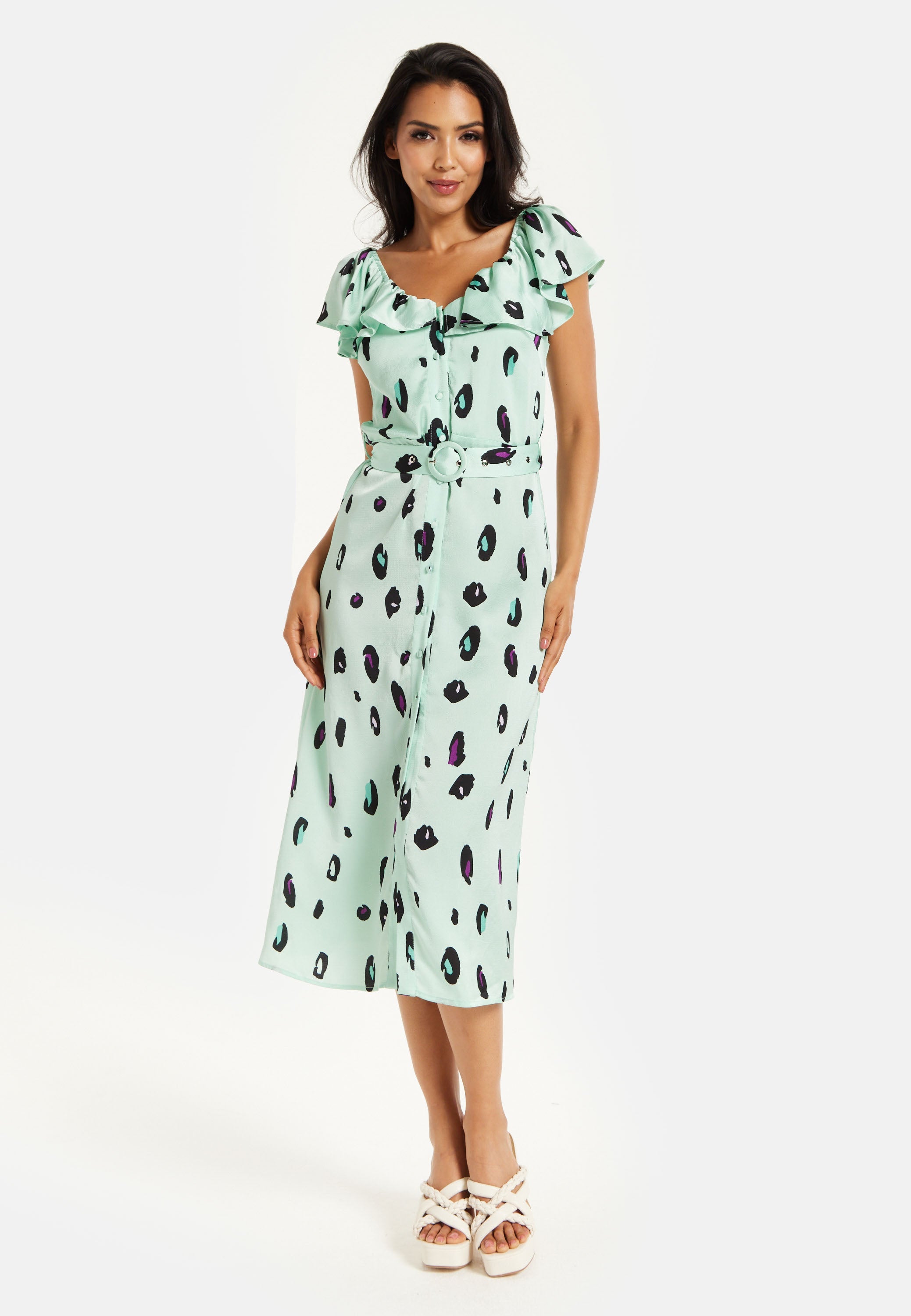 Women's Midi Dress with Off Shoulder Sleeves in Mint Animal Print - Liquorish